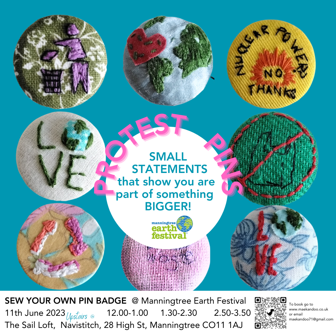 Protest Pins made from hand embroidered fabric covered reclaimed buttons