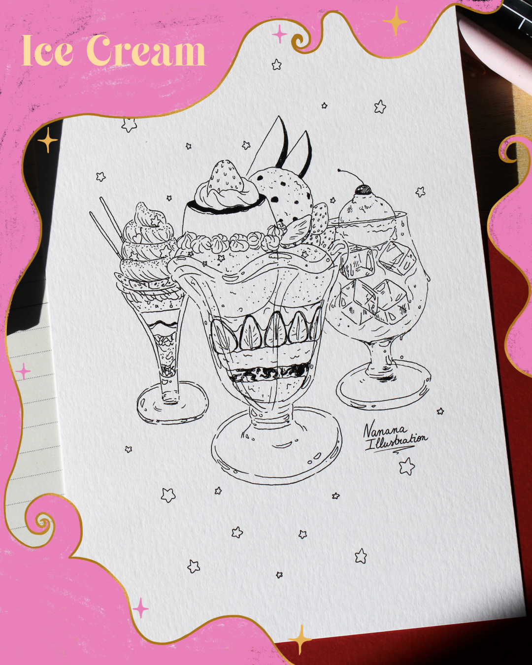 Illustration format A5 à colorier, Ice cream, glace, kawaii, anime, la Réunion 974, Nanana Illustration,