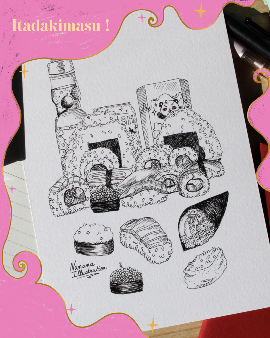 Illustration A5 à colorier, décoration d'intérieur, kawaii, anime, onigiri, sushi, coloriage, activité, Nanana Illustration