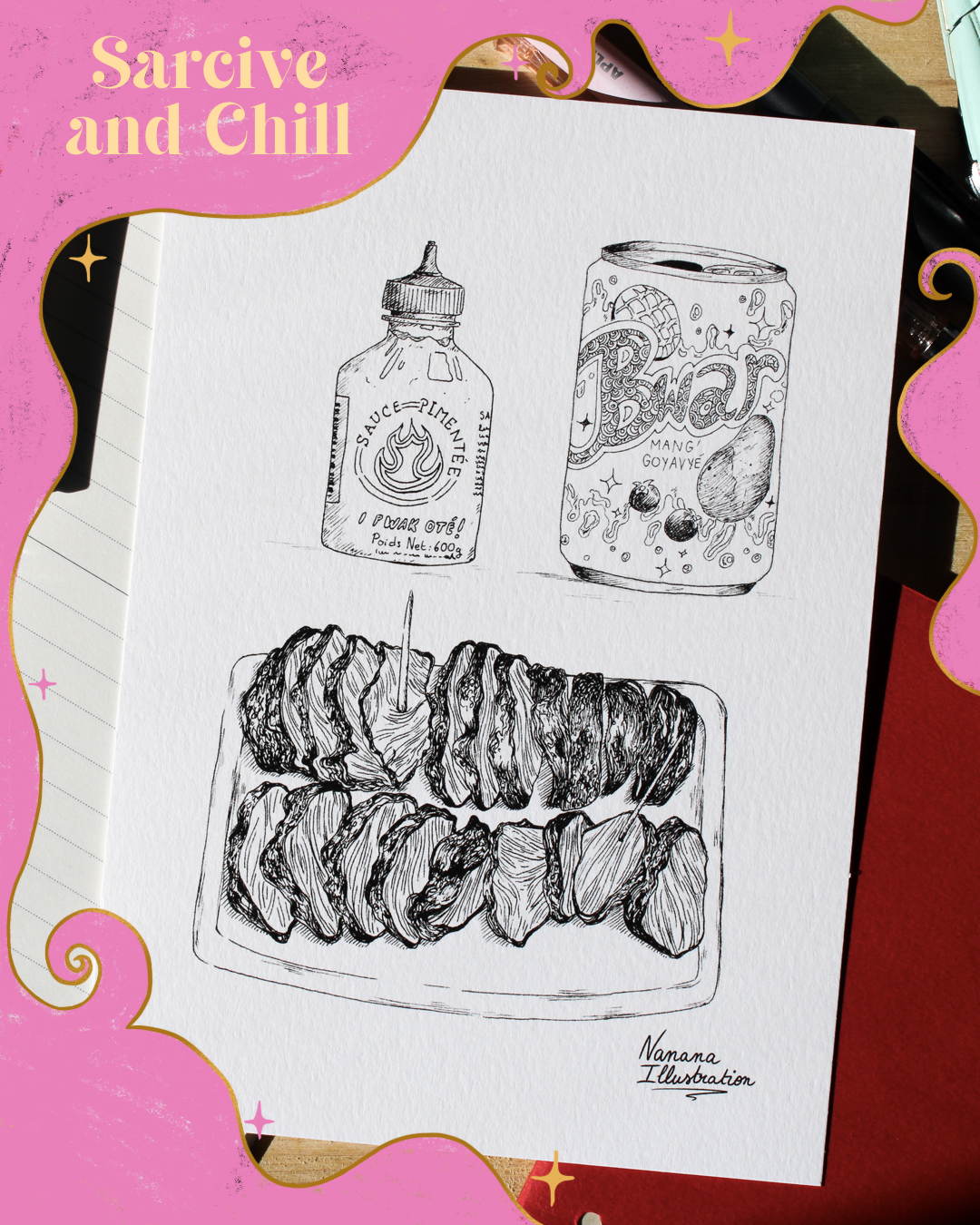 Illustration format A5 à colorier, sarcives, piment chinois, la Réunion 974, Nanana Illustration,