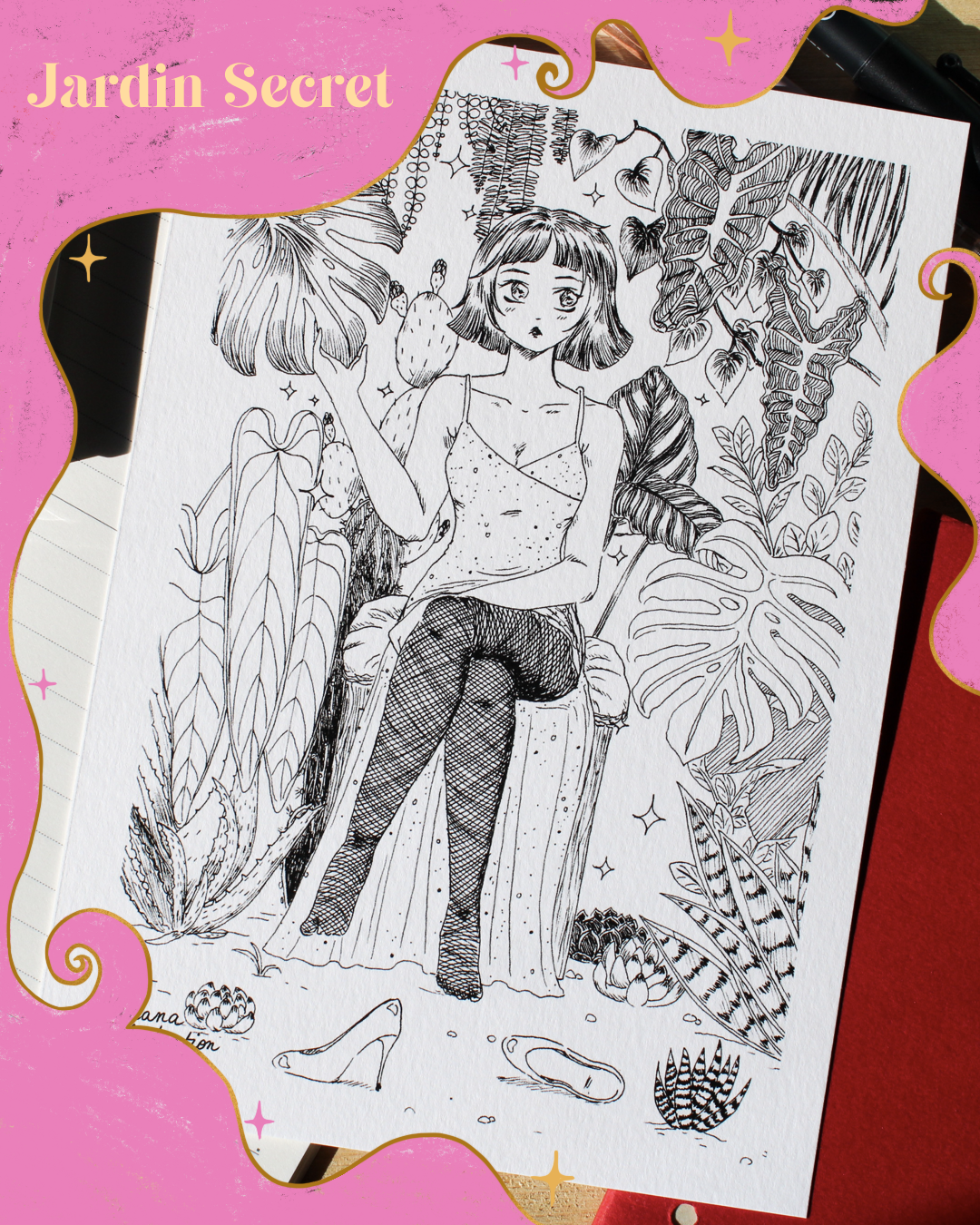 Illustration format A5 à colorier, plantes, jardin secret, boutique en ligne, monstera, la Réunion 974, Nanana Illustration,