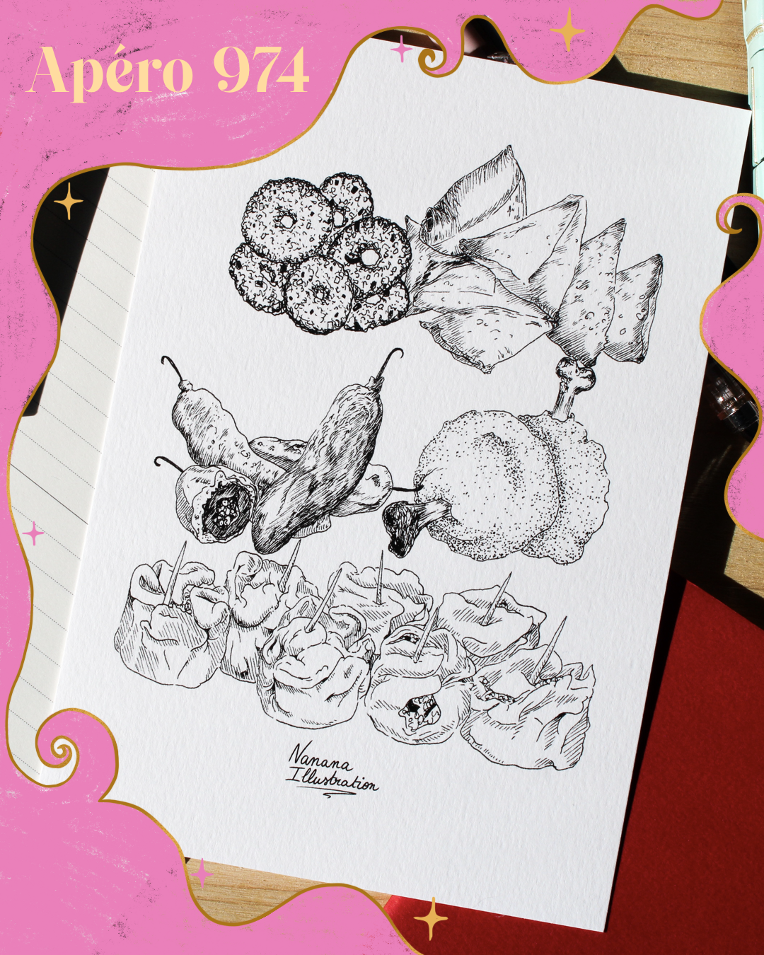 Illustration format A5 à colorier, samoussa, bonbon piment, croquette poulet, bouchon, cuisine réunionnaise, la Réunion 974, Nanana Illustration, décoration d'intérieur