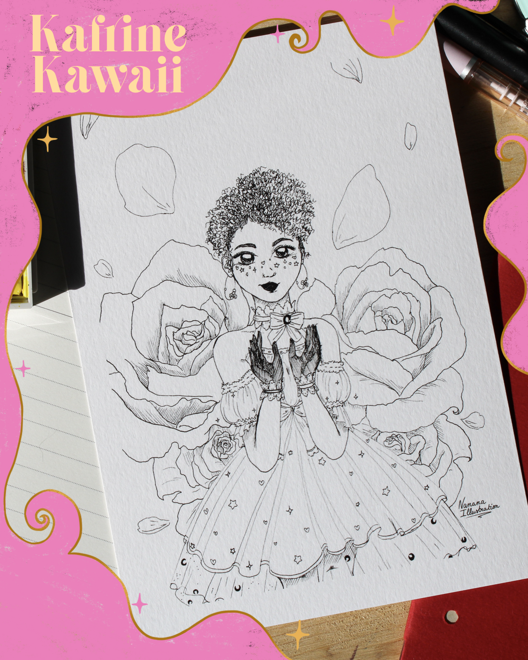 Illustration A5, à colorier, décoration d'intérieur, la Réunion, femme réunionnaise, représentation kawaii, kafrine, cheveux naturels, shôjo, fang