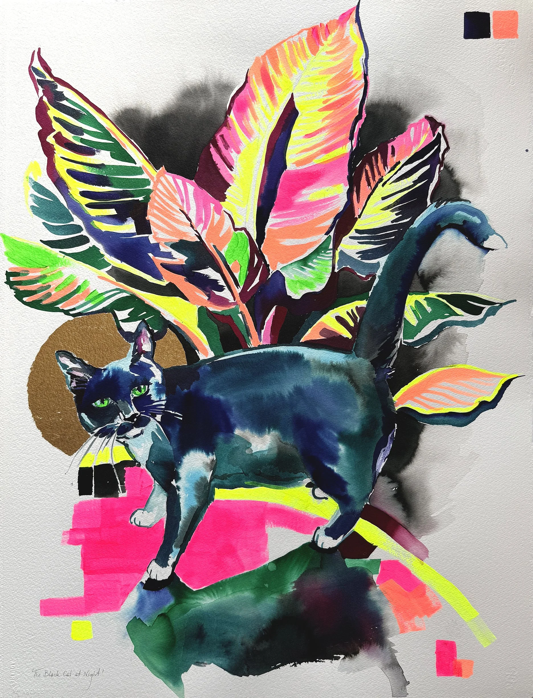 Black Cat at Night - watercolour, ink, acrylic, gold leaf on watercolour paper (640gsm), 58 x 76cm