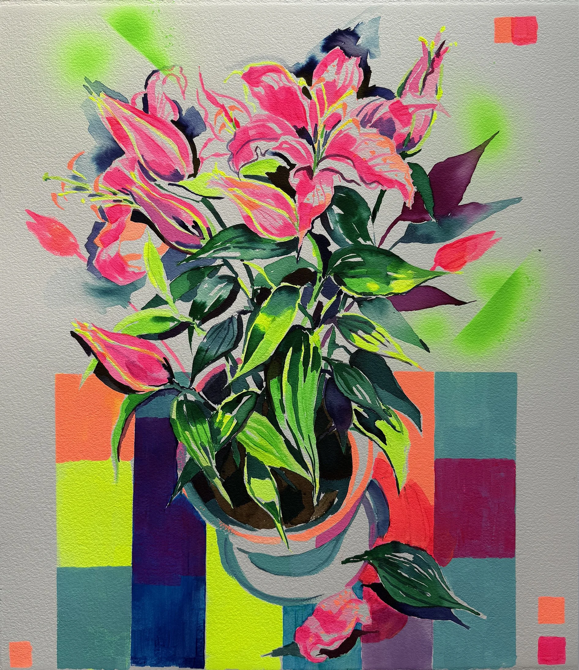 Hot Pink Lilies in the kitchen - watercolour, ink, acrylic on watercolour paper (640gsm)