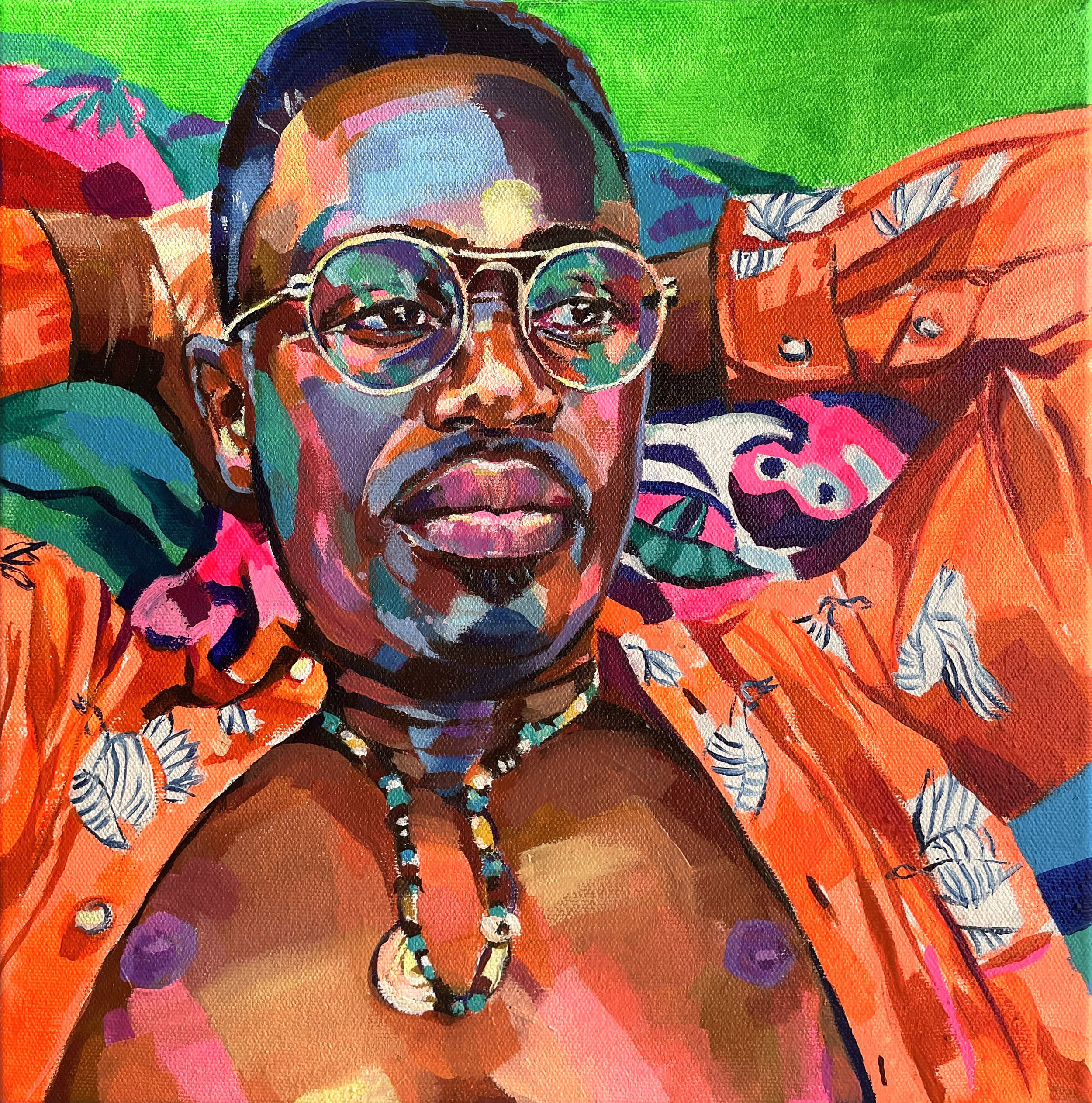 'Man in Orange Shirt', oil and acrylic on canvas, 30 x 30 cm, 2023 / SOLD