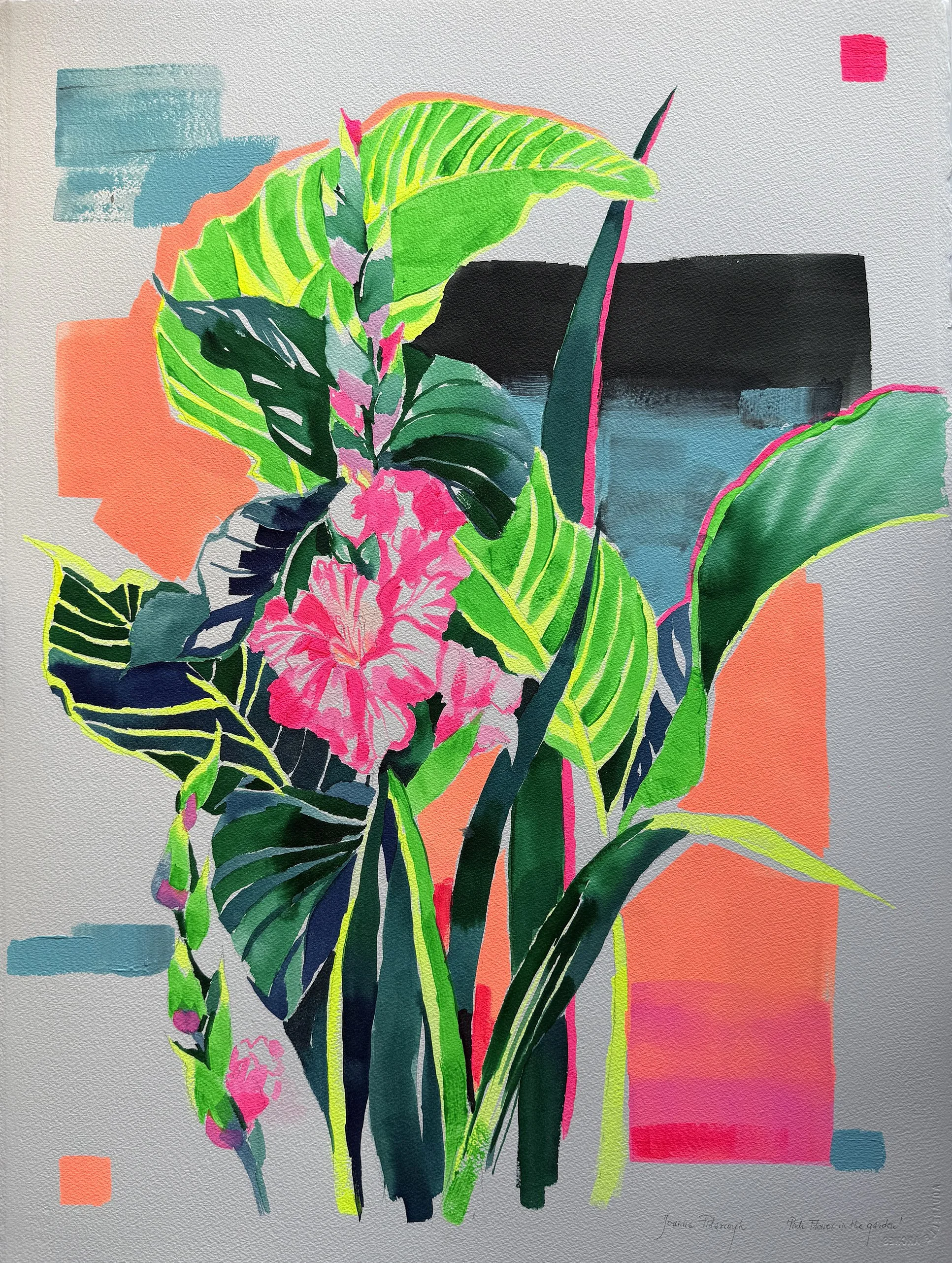 Pink Flower in the Garden - watercolour, ink, acrylic on watercolour paper (640gsm), 58 x 76cm