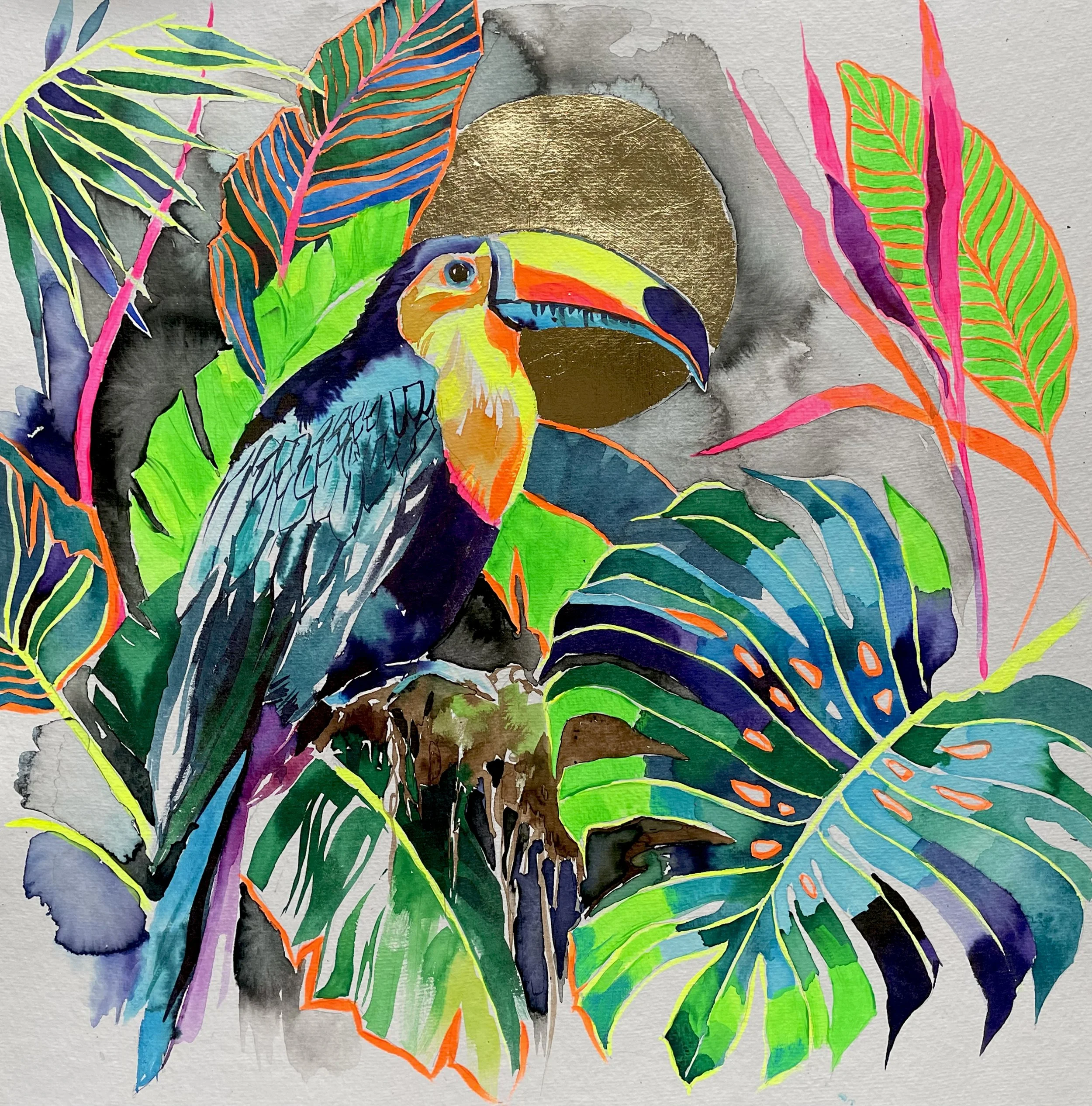 In the Night Garden - watercolour, ink, acrylic, gold leaf on watercolour paper (500 gsm), 50 x 50cm, 2024 / SOLD