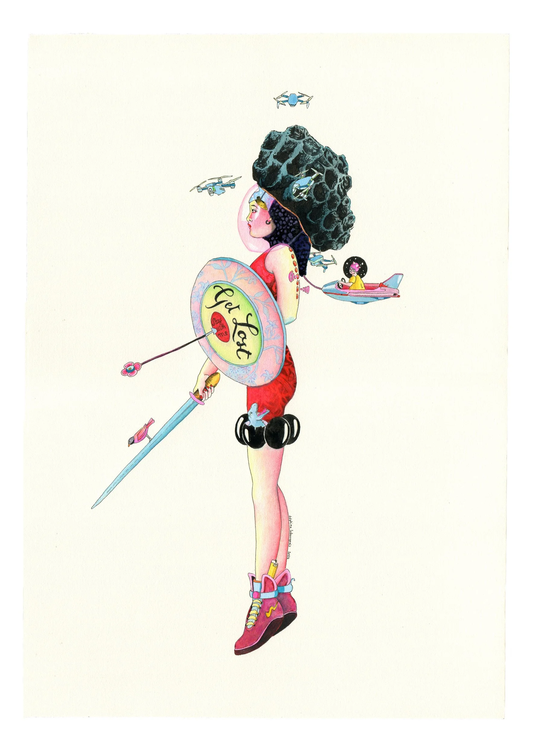 Warrior with Buzz Hive | 2024 | Ink watercolour and acrylic on paper | 27x38cm | SOLD