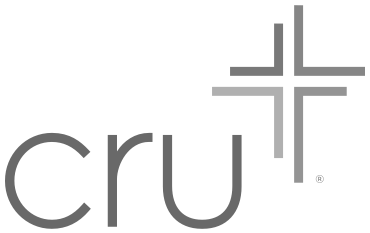 Cru logo with a cross above the 't' in black and gray colors.