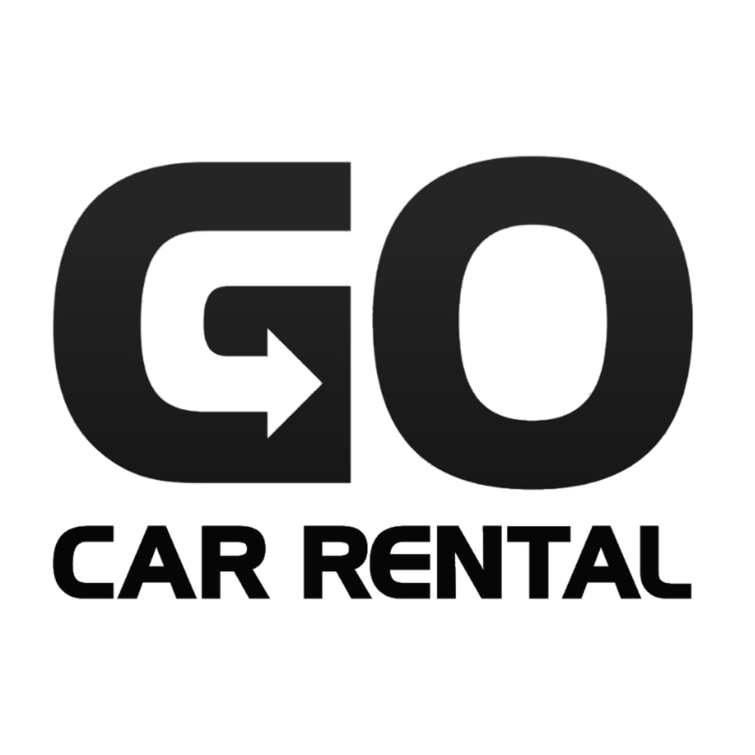 Logo for G O Car Rental with a black arrow inside a partially open circle and the text 'CAR RENTAL' underneath