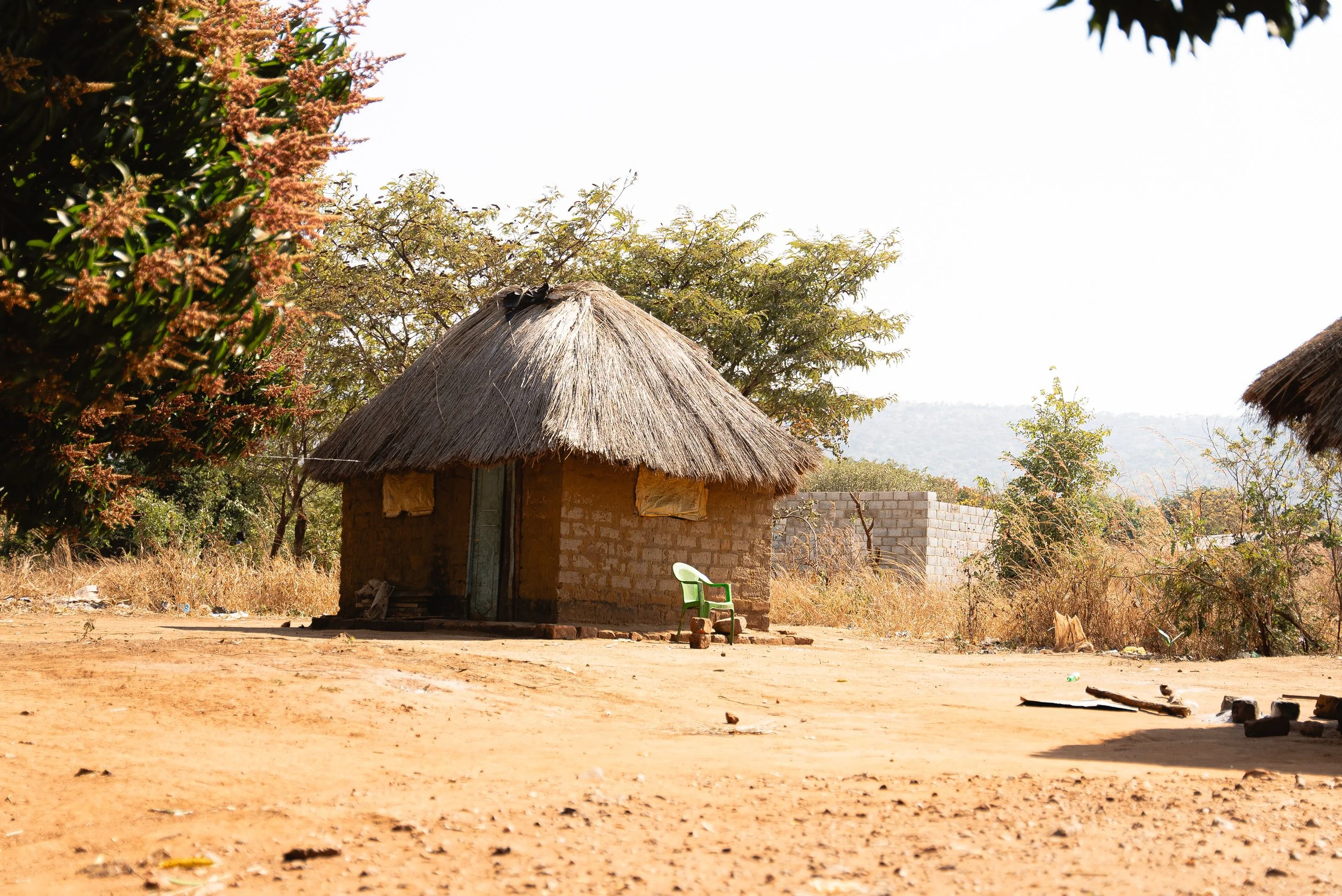 A small rural house with a thatched roof, surrounded by dry land and scattered trees, with a green plastic chair in front.