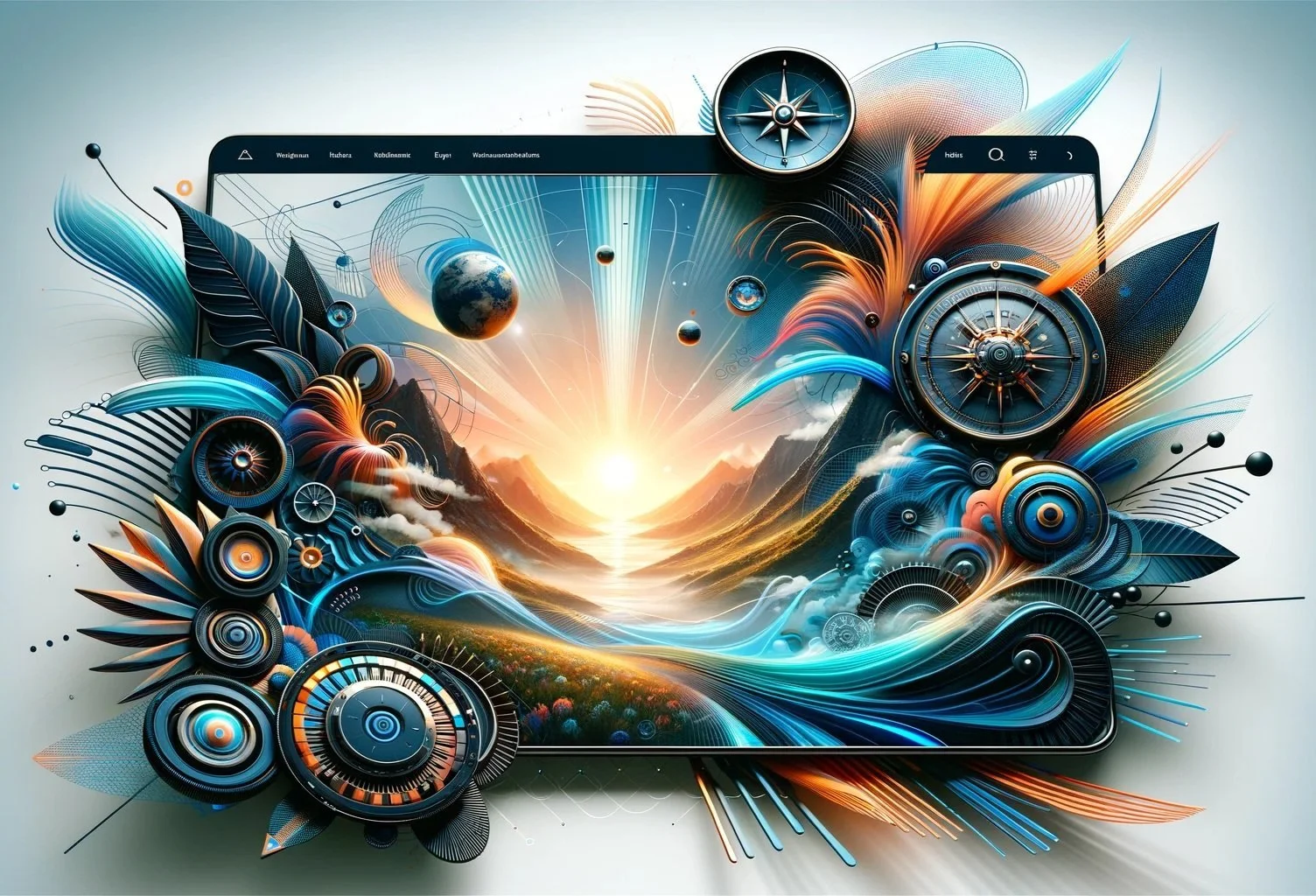 A digital artwork showing a landscape with mountains and a sunrise, emerging from a smartphone screen, surrounded by abstract shapes, gears, and celestial objects like planets and orbs.