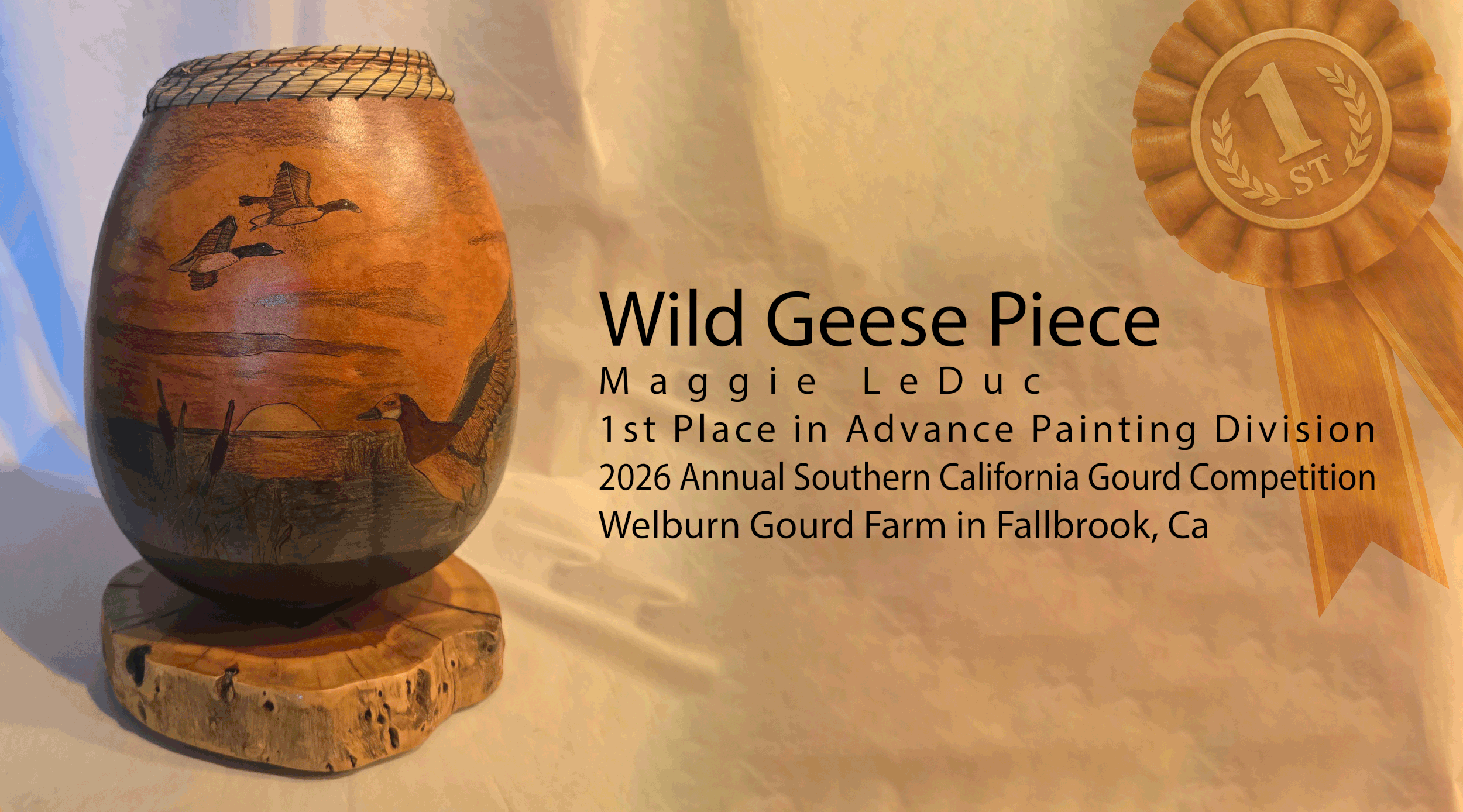 Wild Geese Piece Maggie LeDuc 1st Place in Advance Painting Division  2026 Annual Southern California Gourd Competition  Welburn Gourd Farm in Fallbrook, Ca