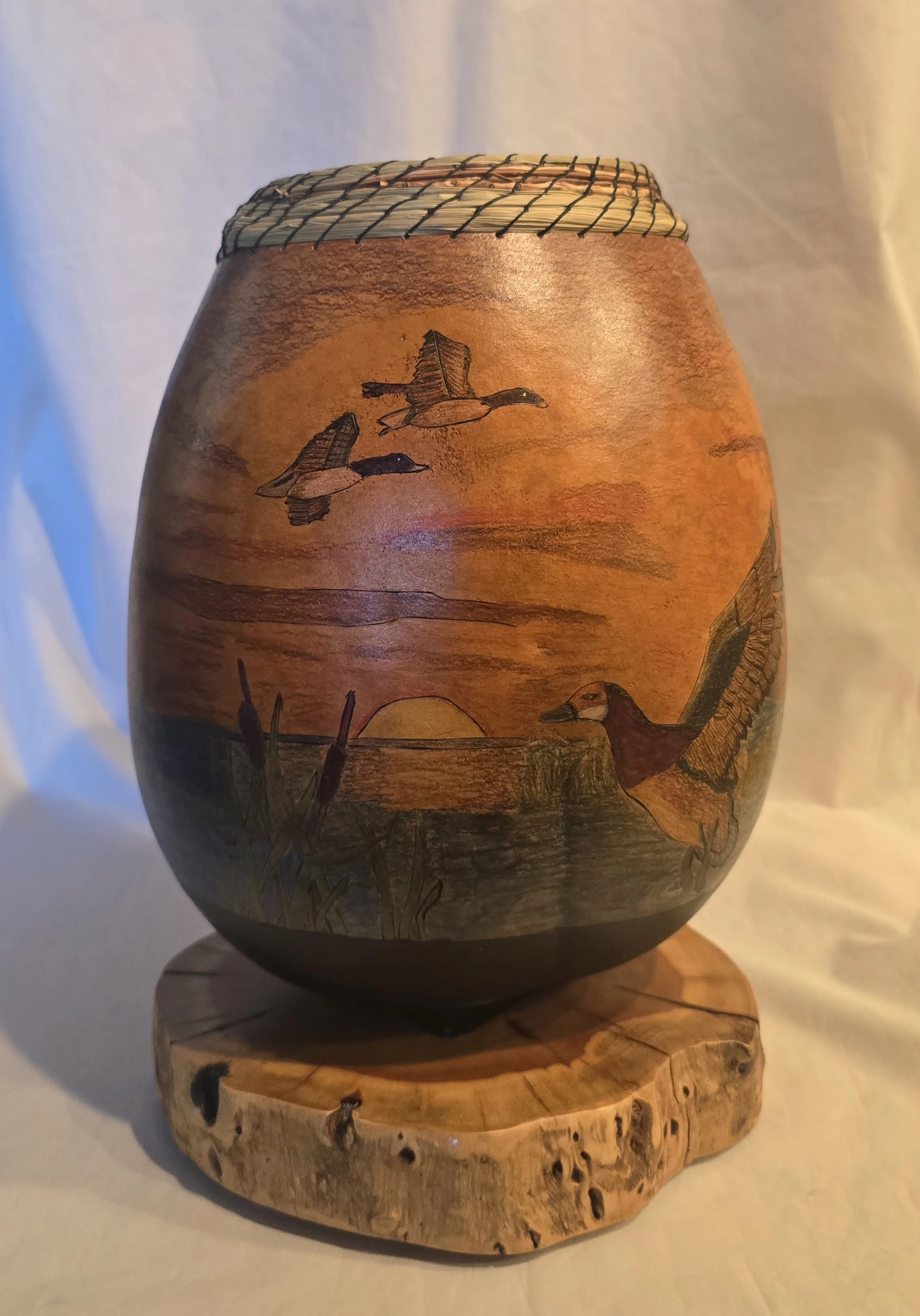 Wild Geese Piece Maggie LeDuc 1st Place in Advance Painting Division  2026 Annual Southern California Gourd Competition  Welburn Gourd Farm in Fallbrook, Ca