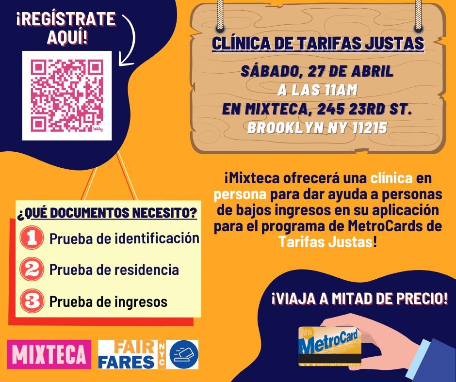 &iquest;Quiere obtener m&aacute;s informaci&oacute;n sobre el programa de tarifas justas y ver si es elegible? 
&iexcl;&Uacute;nase a nosotros este s&aacute;bado 27 de abril a las 11 am en nuestra ubicaci&oacute;n en 245 23rd St Brooklyn, NY 11215 pa