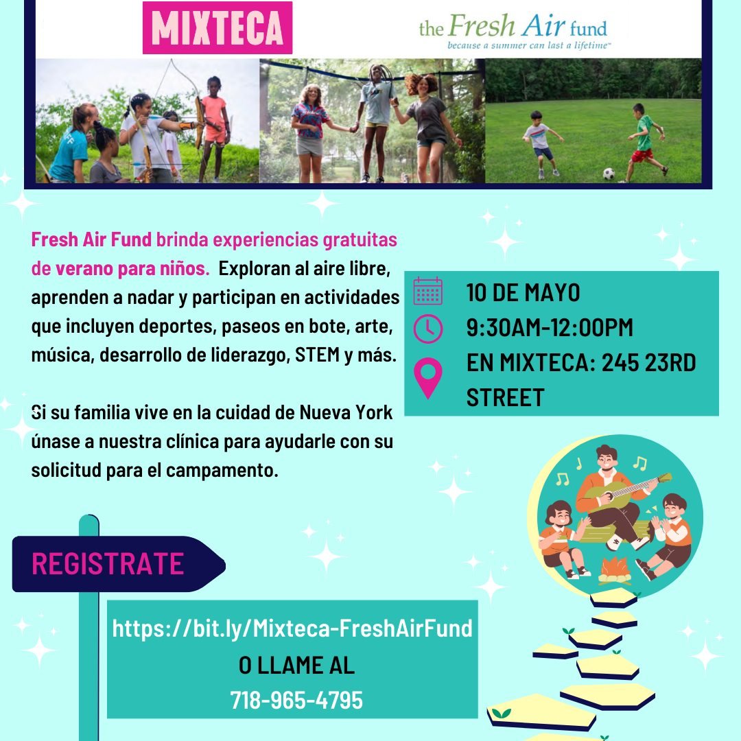 📣Mixteca te invita a nuestra cl&iacute;nica para ayudarte con tu solicitud para el campamento con Fresh Air Fund⛺️ &Uacute;nete con nosotros el viernes, 10 de mayo para aprender m&aacute;s sobre el campamento y lo que tiene que ofrecer. &iexcl;No te