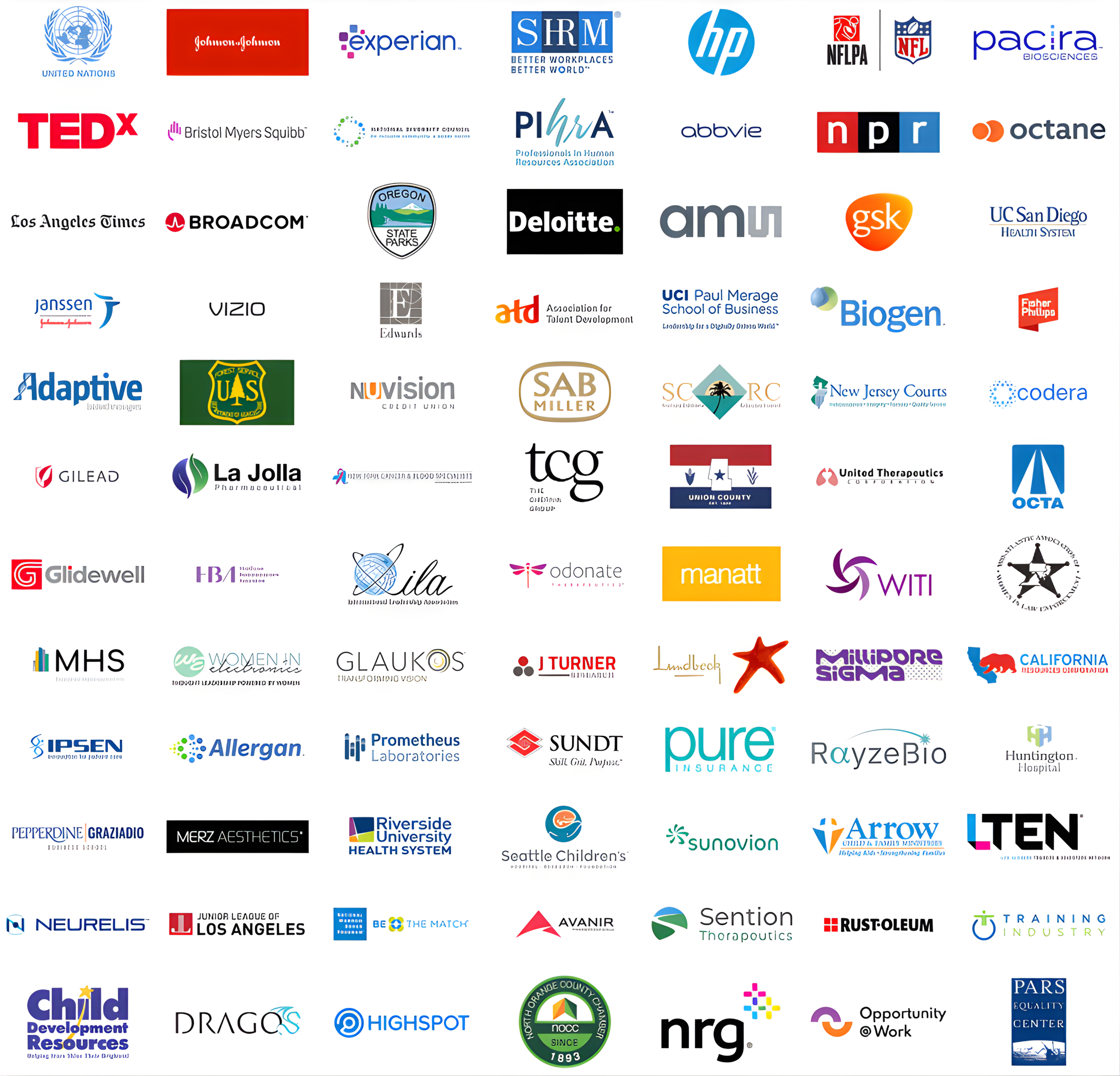 A collection of various organizational logos arranged in rows, including the United Nations, Johnson & Johnson, Experian, SHRM, HP, NFL, PAcira, TEDx, Bristol Myers Squibb, and many others.