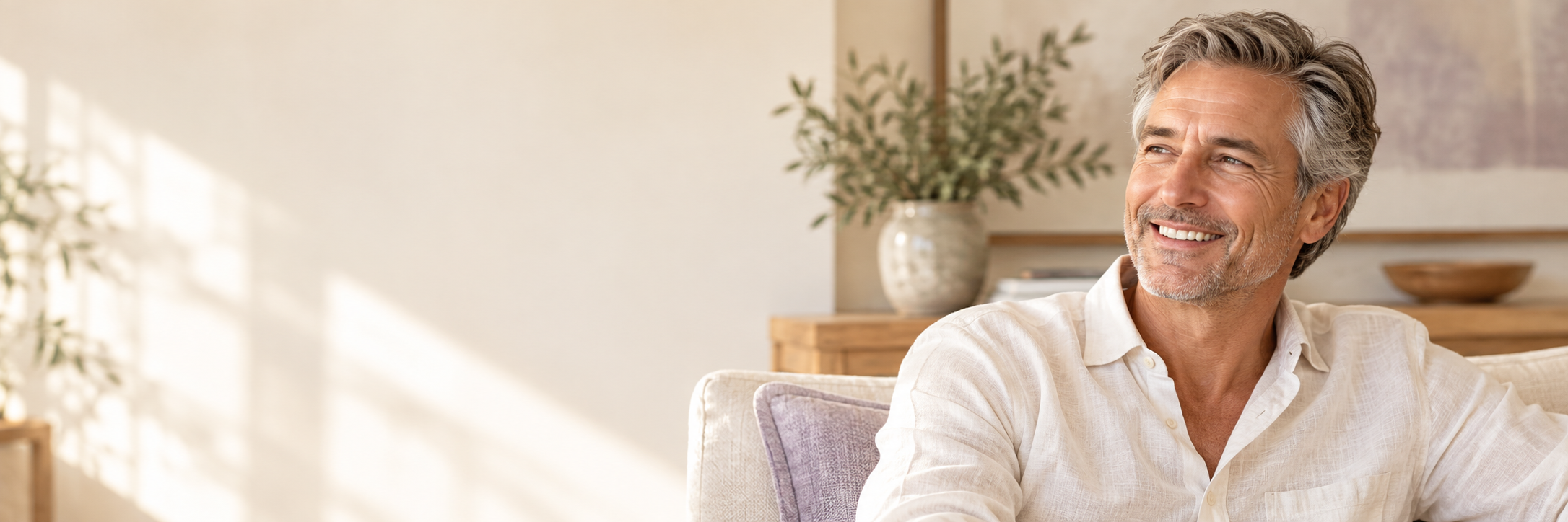 Smiling mature man in a warm ivory interior. Illustrative image.