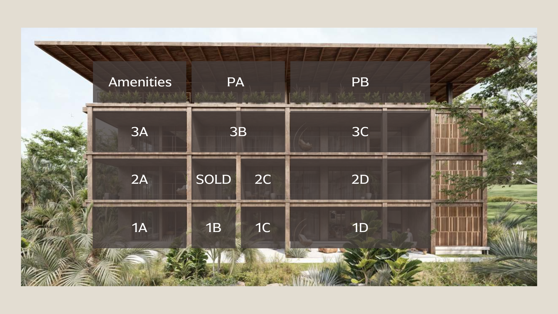 Un edificio de varios pisos con unidades etiquetadas y servicios en la parte superior, rodeado de árboles y vegetación.