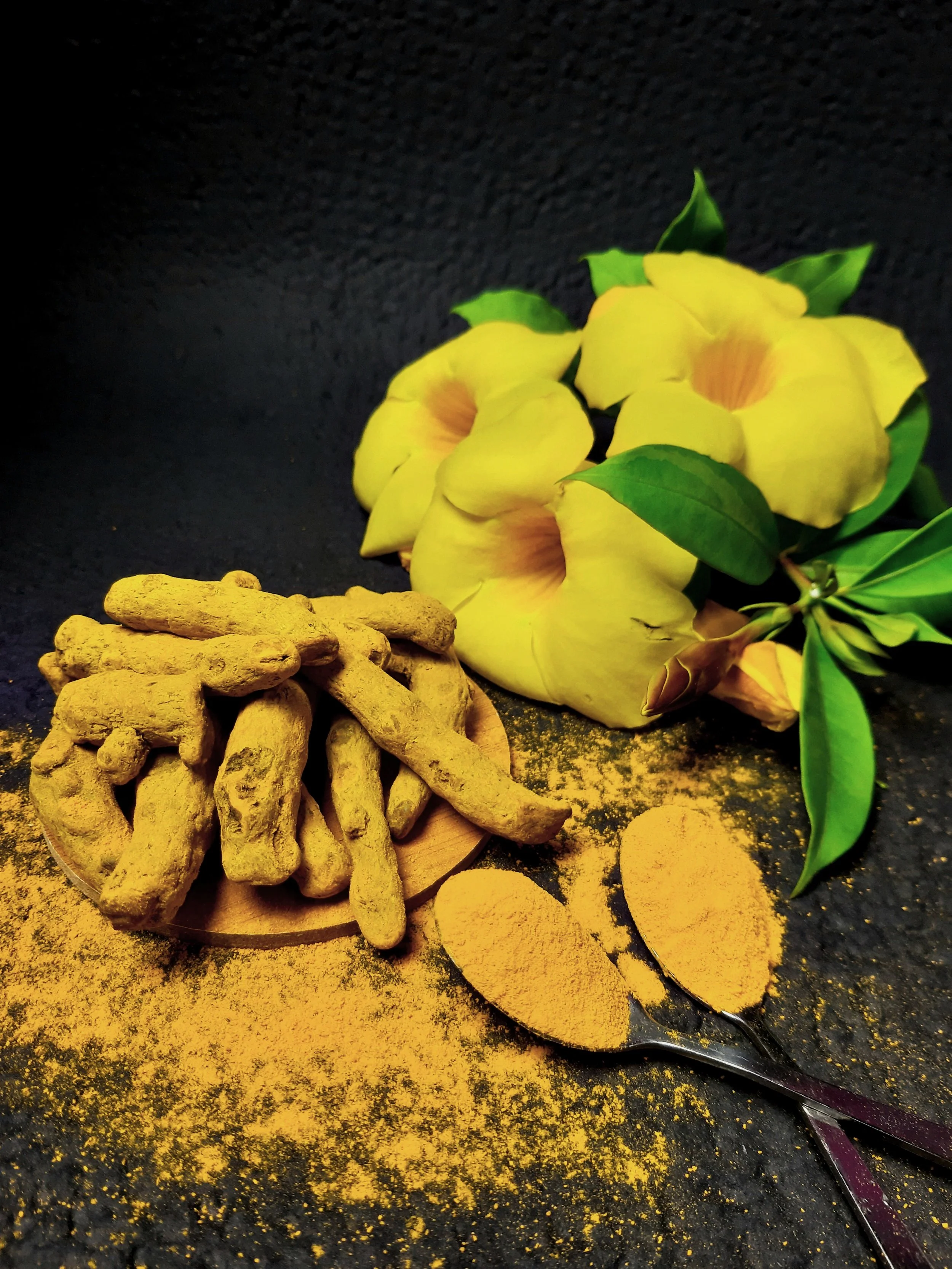 Turmeric roots and turmeric powder on spoons, yellow flowers, and green leaves on a black background