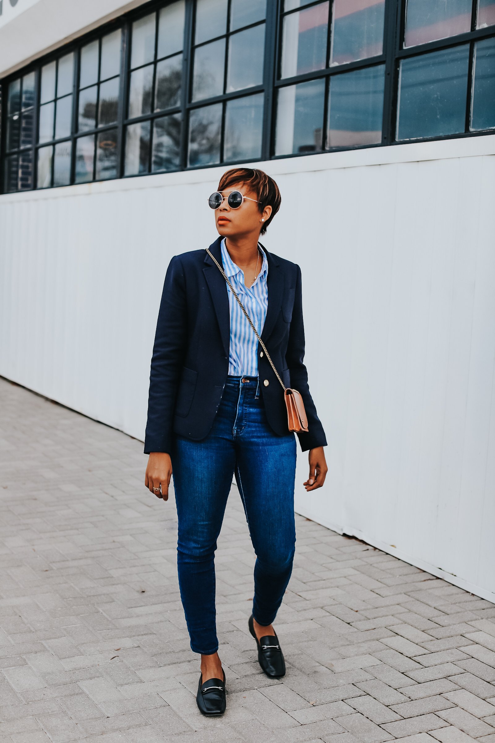 Mary's Little Way in A Navy Blazer, a Blue and White Striped Boyfriend Shirt, Blue Jeans, and Able Black Loafers