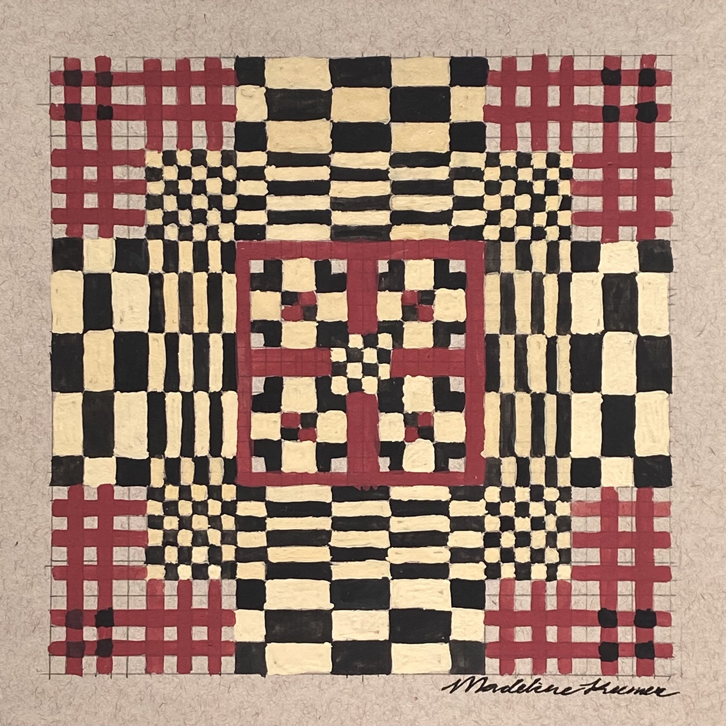 Grid Painting (Red, Black Monk’s Belt)
Gouache, graphite, mixed media paper
6 x 6” 
$75
