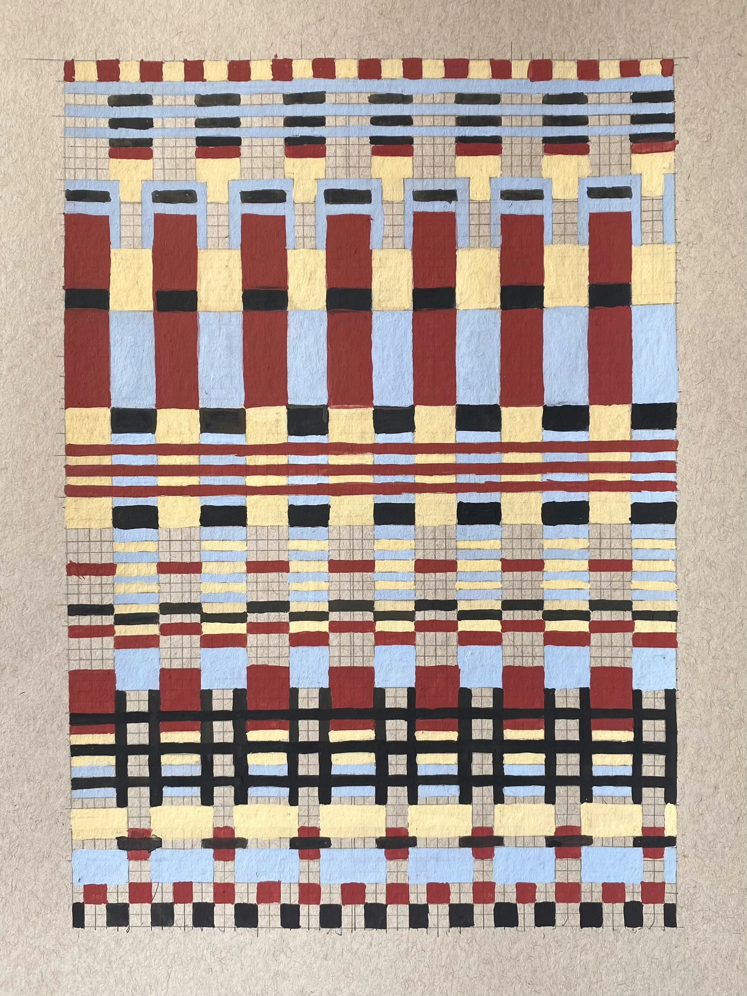 Grid Painting (Blue, Red, Black)
Gouache, graphite, mixed media paper
9 x 12” 
$220, framed