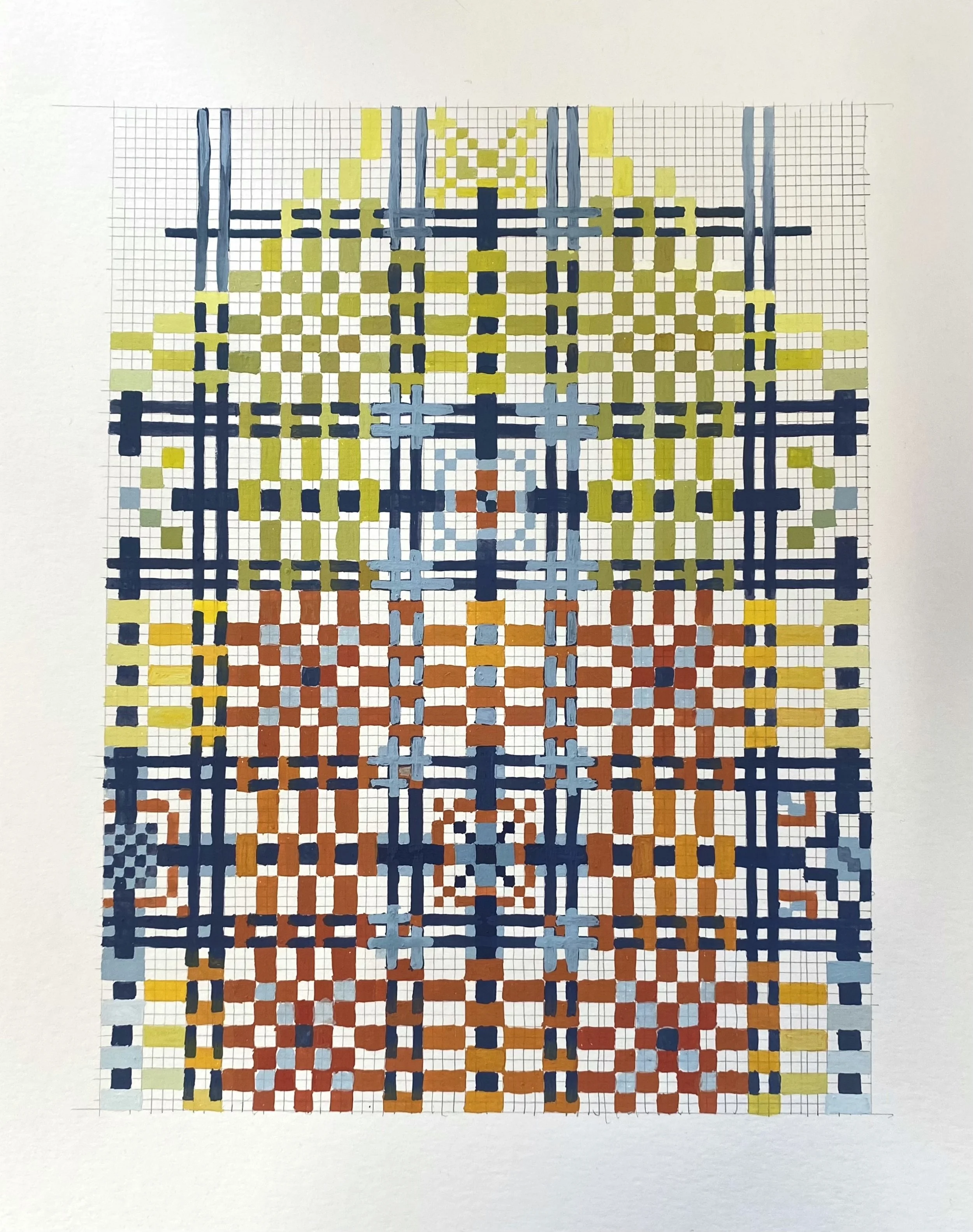 Grid Painting (Red, Green on White)
Gouache, graphite, mixed media paper
11 x 14” 
$250