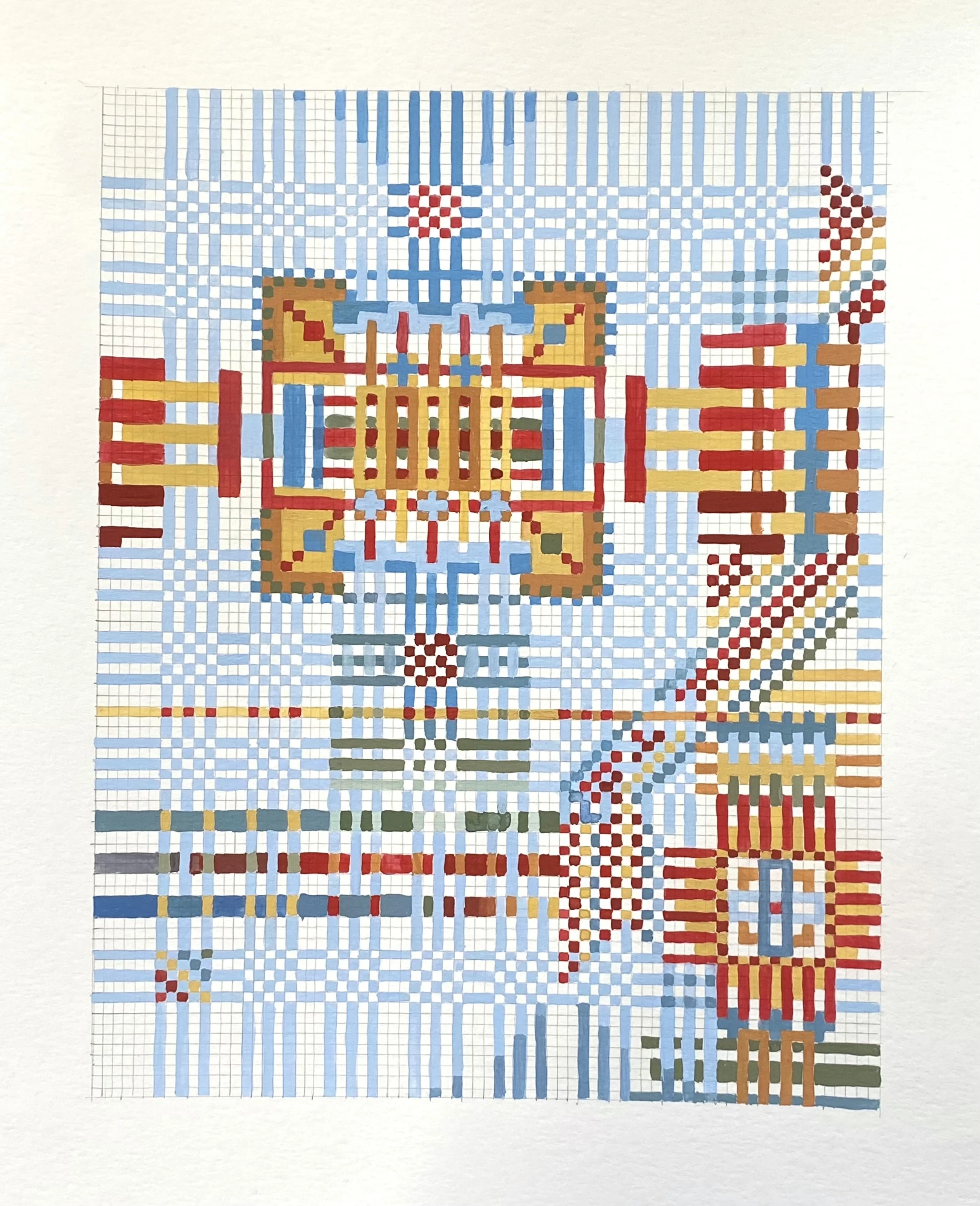 Grid Painting (Blue Weave on White)
Gouache, graphite, mixed media paper
11 x 14” 
$250