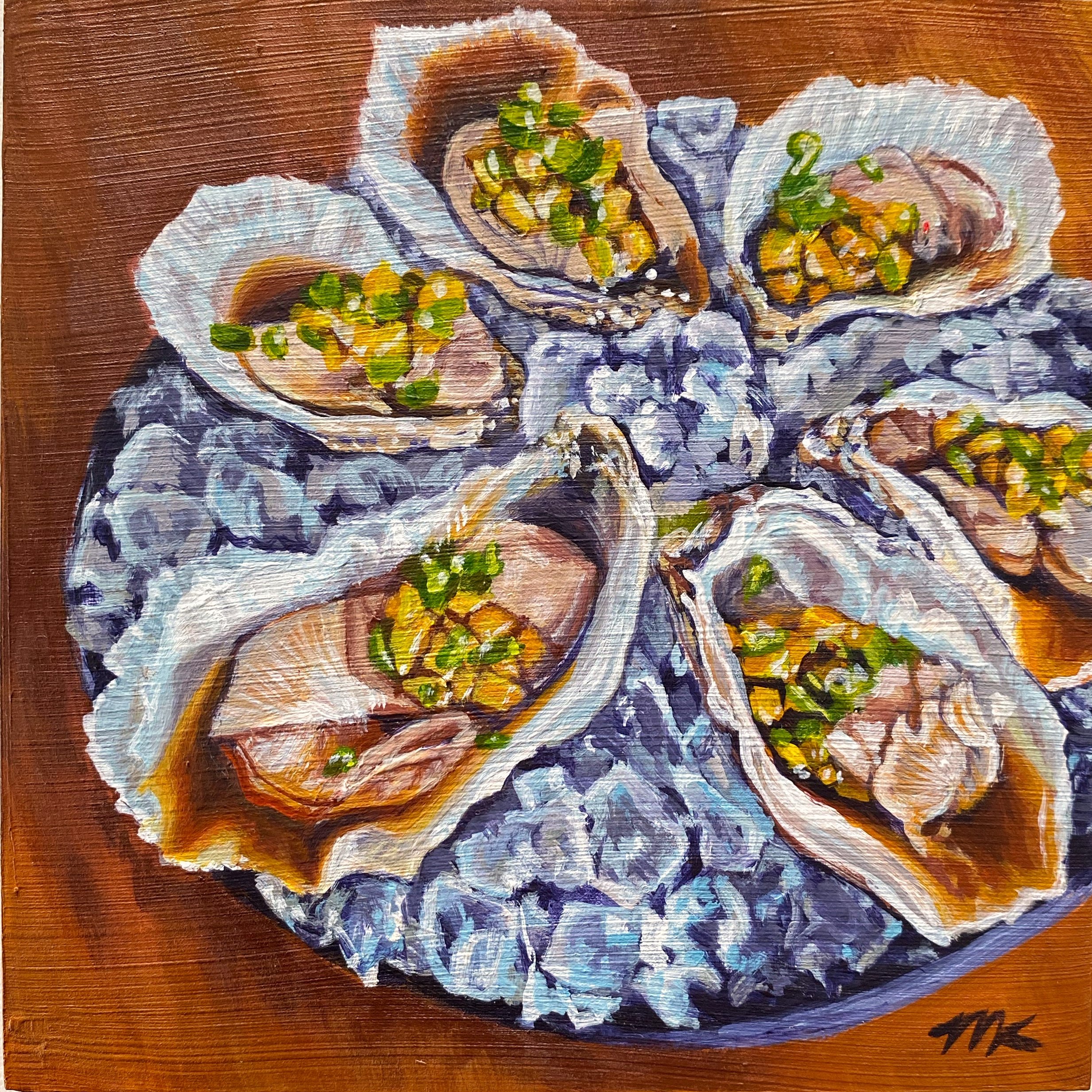 Alewife Oysters, 5 x 5" acrylic on wood, 2023. Available.