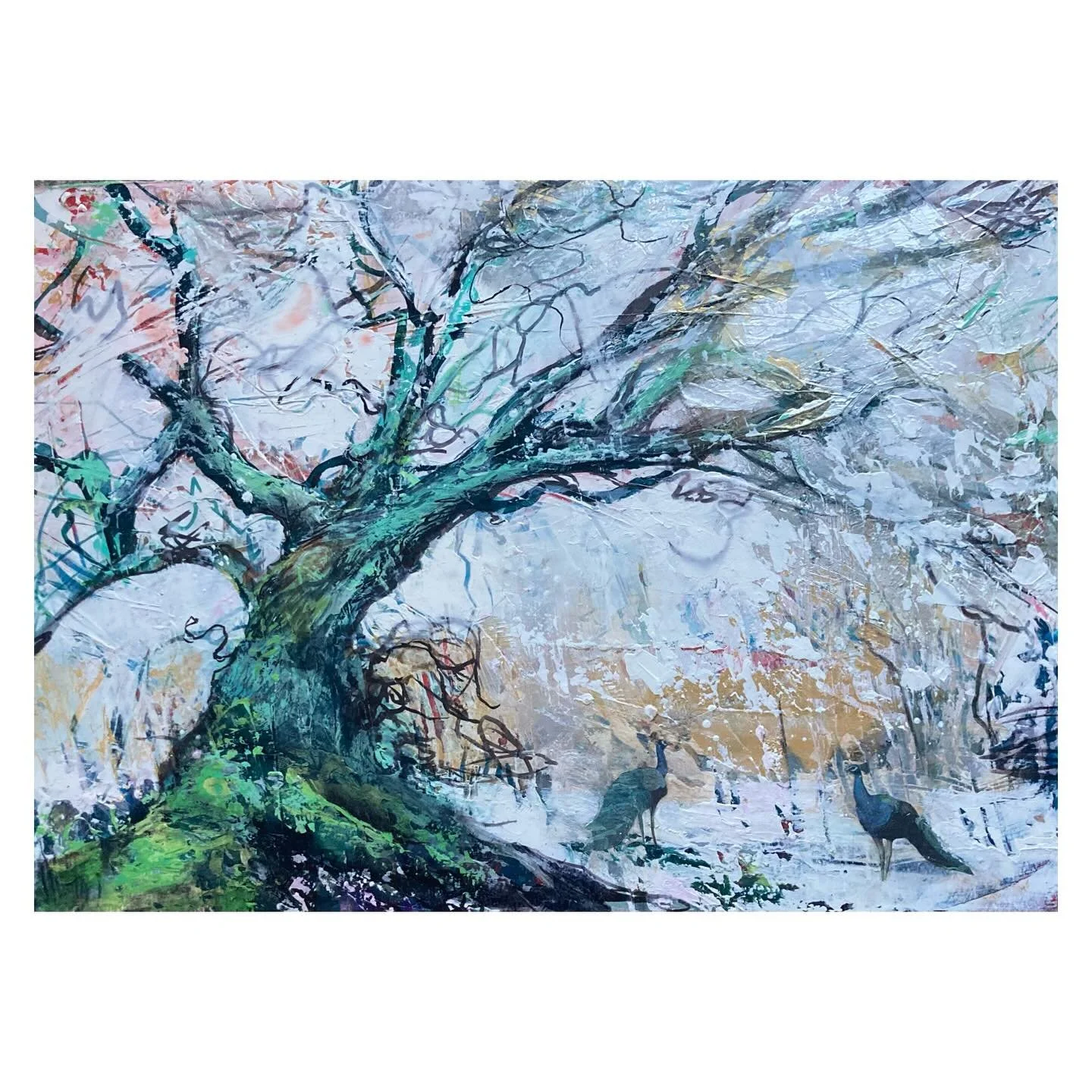 Inside my red painting a snow storm appears. Flecks of red and pink glint underneath as the trunk and twigs of a great tree stretch out across it. The tree is green with the moss of a dyke I used to climb on that came up with a tug like a lump of car