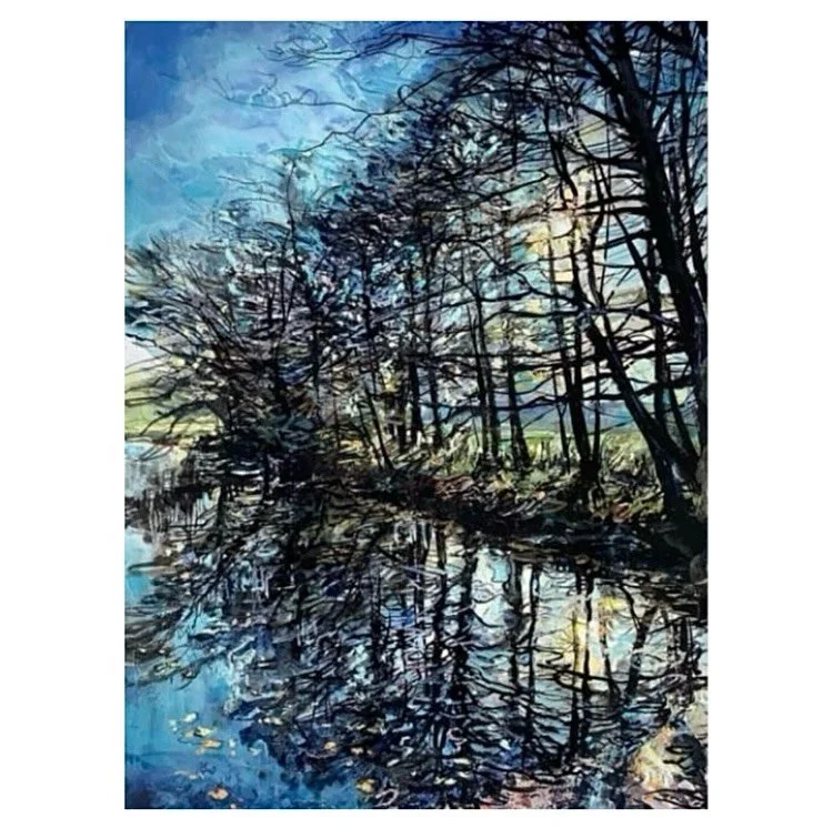 I was reminded of this painting from a few years ago on my walk today. Blue sky, glorious interlocking reflections, and all about me so soft and still. 

I think better, somehow. 

 &lsquo;I am extremely happy walking&hellip;I like to have space to s