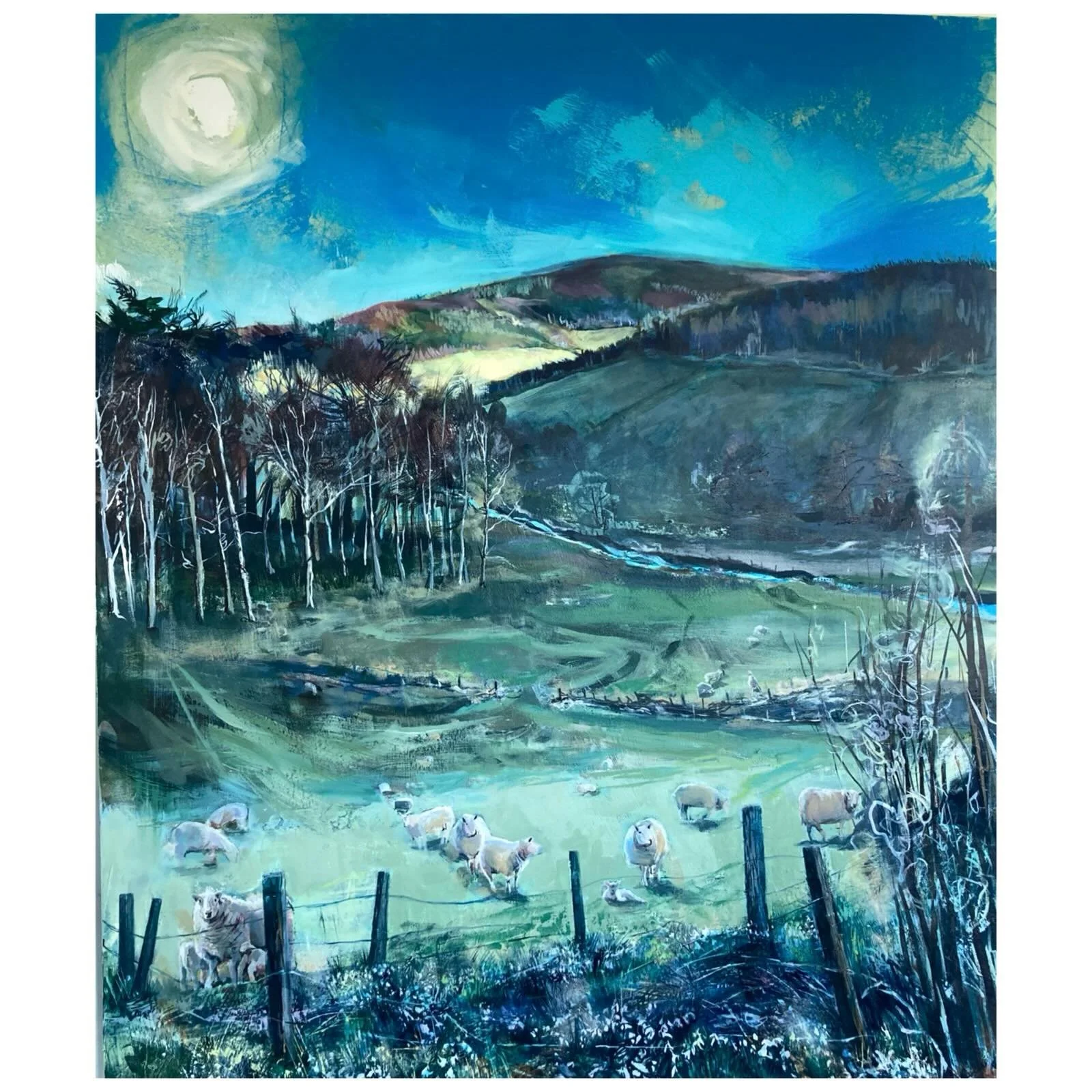 One of several large paintings (at various stages) made whilst also writing about them and listening to a quartet of songs composed especially by the amazing @paulandersonscottishfiddler *

This view is inspired by a local, very old Kirkyard (which i