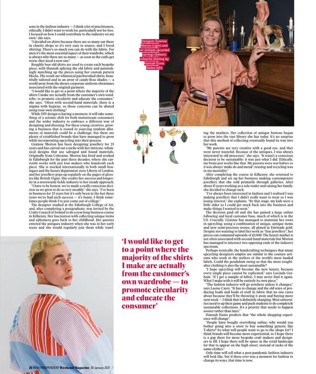 So honoured to be featured in this wonderful article by @_sophie_donaldson in the @independent.ie weekend magazine today! Alongside some of my favourite fellow crafters as well 💖🤗
.
.
.
#shirting #pr #upcycling #queens #sustainable #remade #madeloc