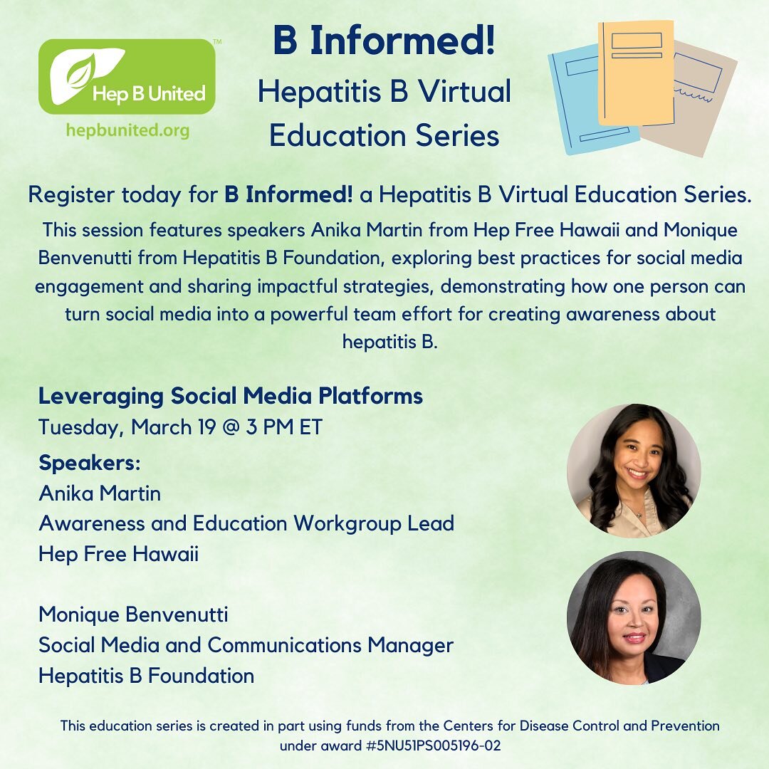 ‼️TODAY‼️ Check out our one and only, Anika Martin, who will be presenting on our social media presence 🤩✨ Visit our website to register for the webinar happening TODAY, 3/19 at 9AM (HST) 💪🏻 

#HepFree2030 #takeTHAThepatitis #hawaii