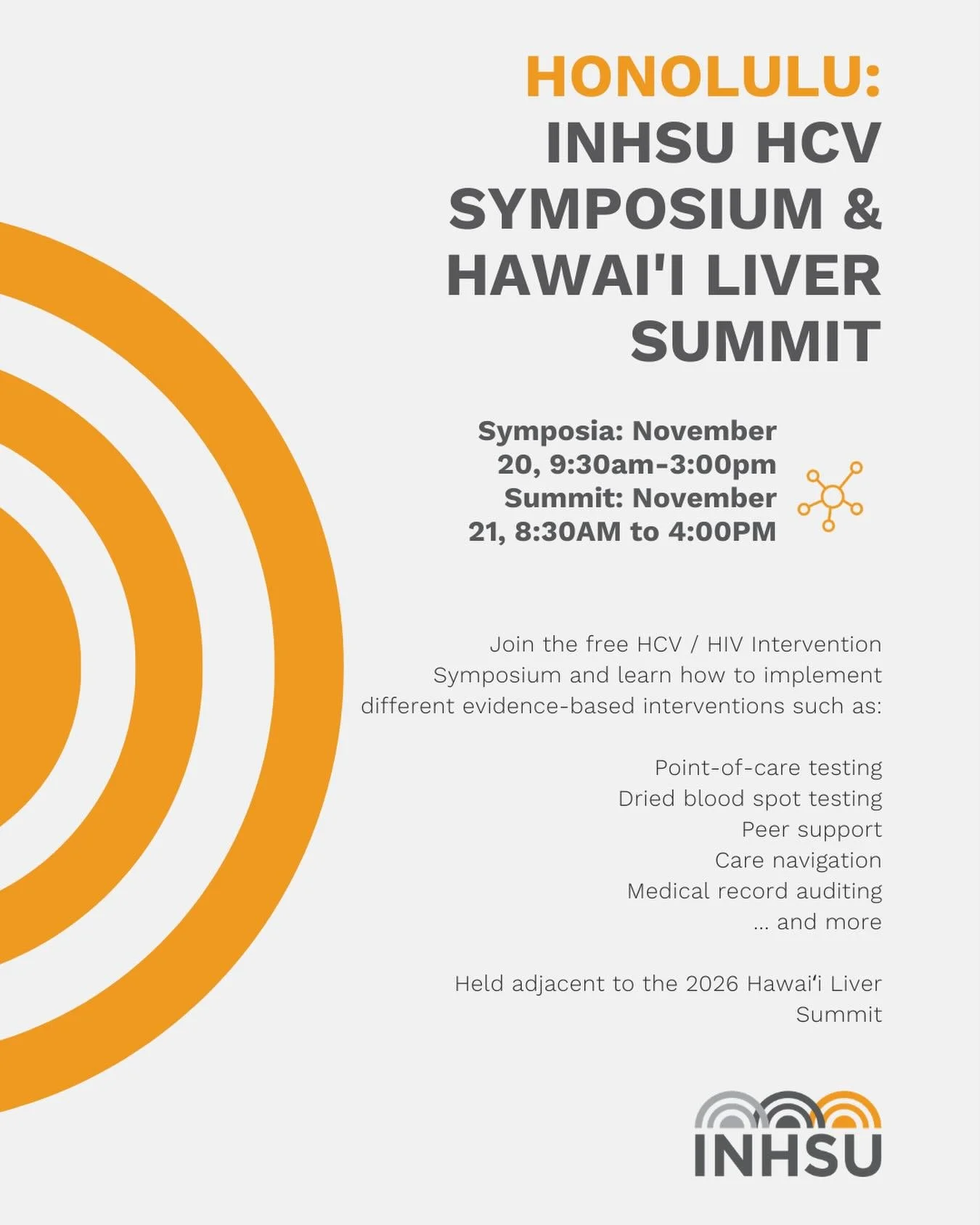 🌺 Join us in Hawaiʻi for the INHSU Hepatitis C Intervention Symposium!
Learn, connect, and explore innovative strategies to improve hepatitis C care and integrated HIV services.

📍 Honolulu
📅 November 20
🎟 Free registration- link in bio!

#takeTH