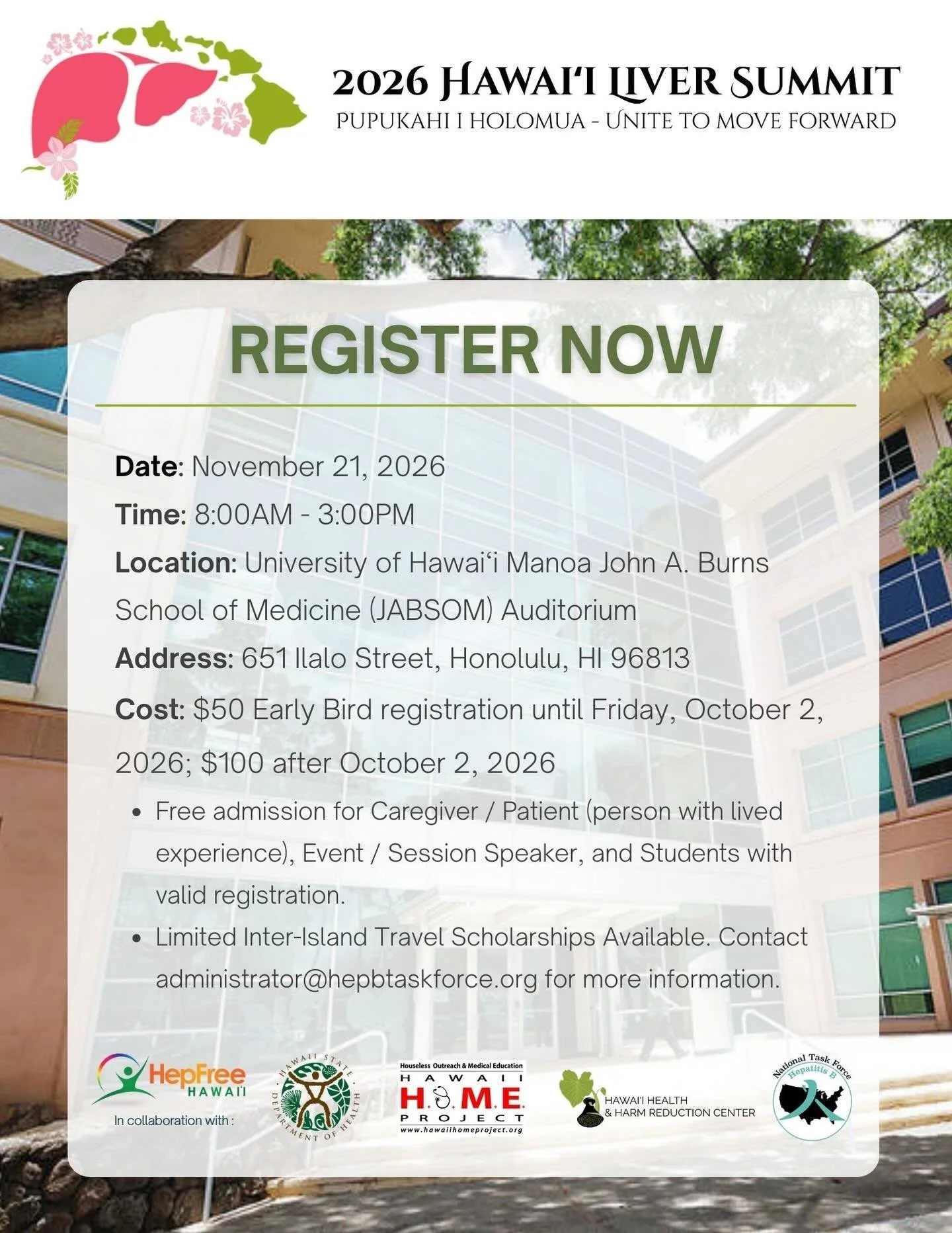 🌺 Save the date for the Hawai&lsquo;i Liver Summit 2026!

📅 Saturday, November 21, 2026
⏰ 8:30 AM &ndash; 4:00 PM (HST)
📍 Honolulu, Hawai&lsquo;i | JABSOM

Join healthcare professionals, students, caregivers, patients, and advocates for a day of l