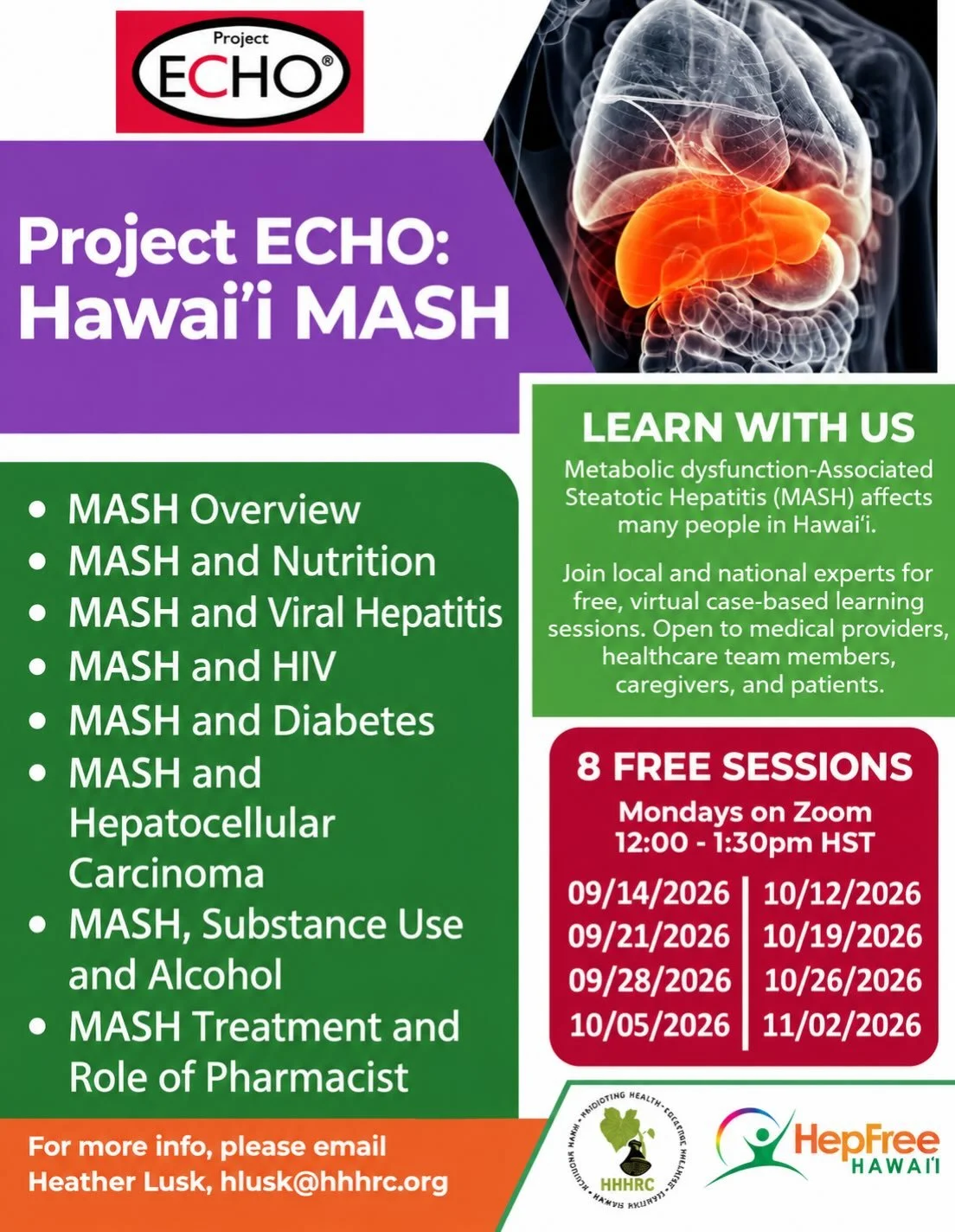 🌺🩺 MASH ECHO is back!

Let&rsquo;s talk hepatitis, HIV, substance use &amp; whole-person care because healthcare is better when we ALL teach, ALL learn. 💬✨

📅 Mondays | Sept. 14&ndash;Nov. 2
⏰ 12&ndash;1:30 PM HST
💻 Virtual

Come for the learnin