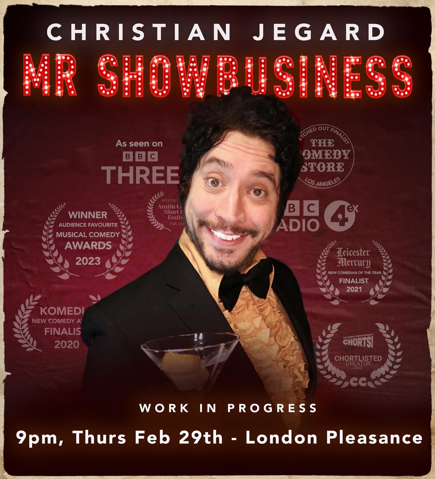 London! A week from today (Thursday 29th Feb, 9PM) I&rsquo;m doing my Work in Progress show &lsquo;Mr Showbusiness&rsquo; at The Pleasance Studio Theatre in Islington! Get FREE tickets using the promo code WIPFREE - link in bio! (Or visit Pleasance.c