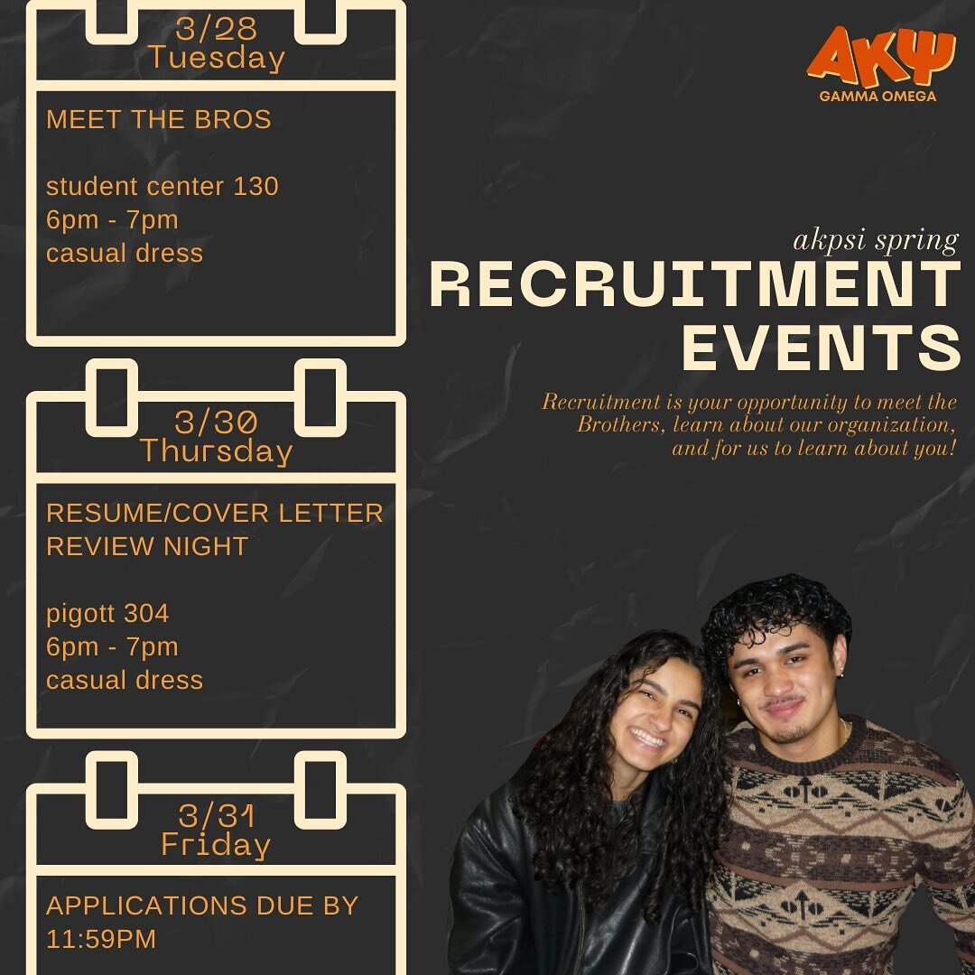 RECRUITMENT EVENTS 💙💛 
come out to learn more about what brotherhood has meant to us, and what it could be for you! see y&rsquo;all tomorrow for our meet the bros event 🌟

#akpsi #alphakappapsi #gammaomega #seattleu #seattleuniversity