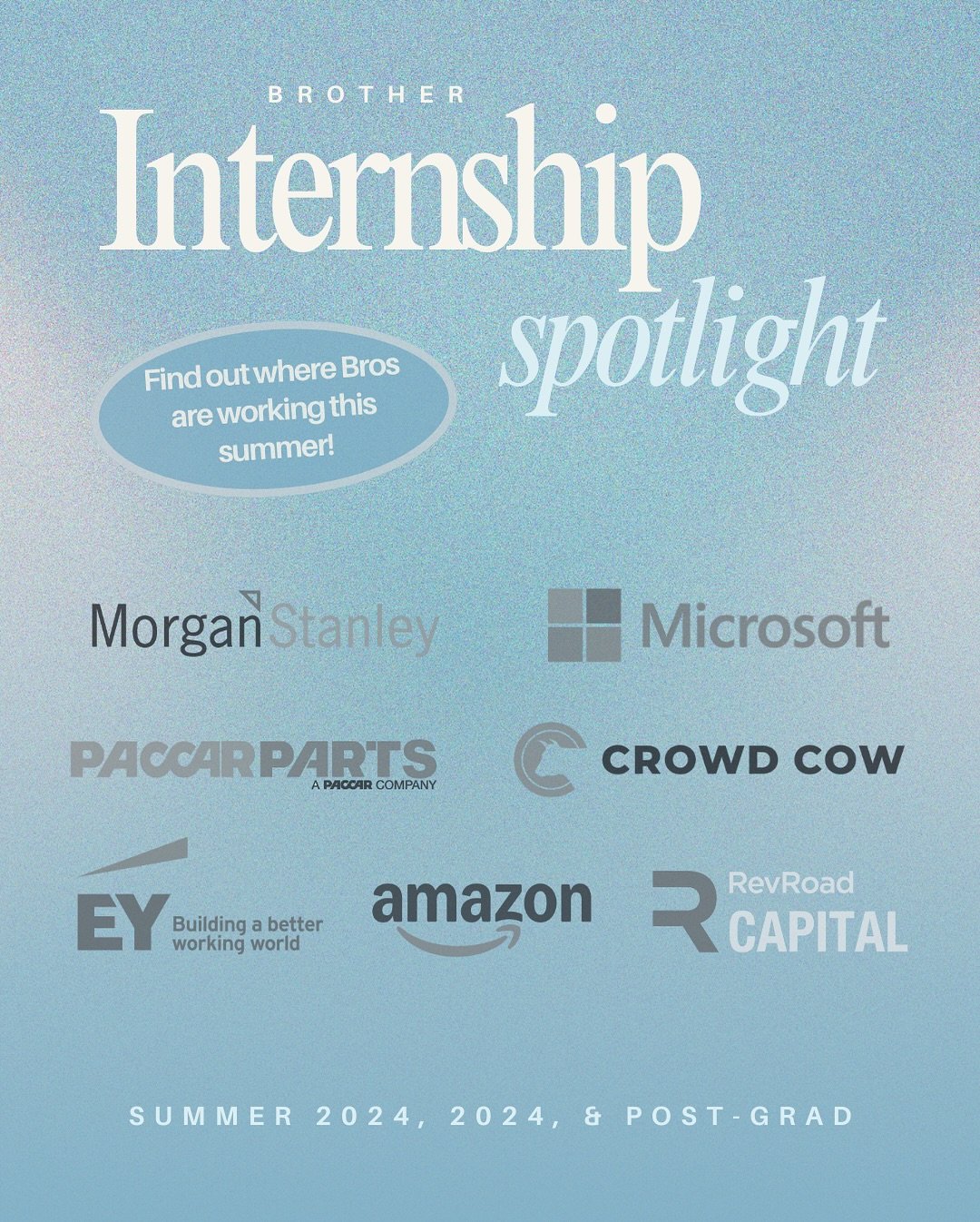 Looking for a summer internship? 🌟

Meet the Brothers who've landed roles at Microsoft, RevRoad Capital, EY, Crowd Cow, Amazon, PACCAR, and Morgan Stanley!📚📈

AKPsi is here to connect you with an alumni network that's shaping the future-are you ne