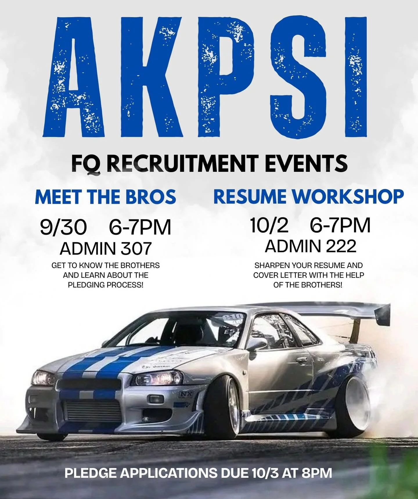 RECRUITMENT EVENTS START NEXT WEEK!!🩶🏁

-Tuesday, September 30th - Meet the Bros 🤞
-Thursday, October 2nd - Resume Workshop 💌

‼️Pledge Applications are now open and due by October 3rd at 8pm. ‼️ The application is in the link in bio! 

Please no