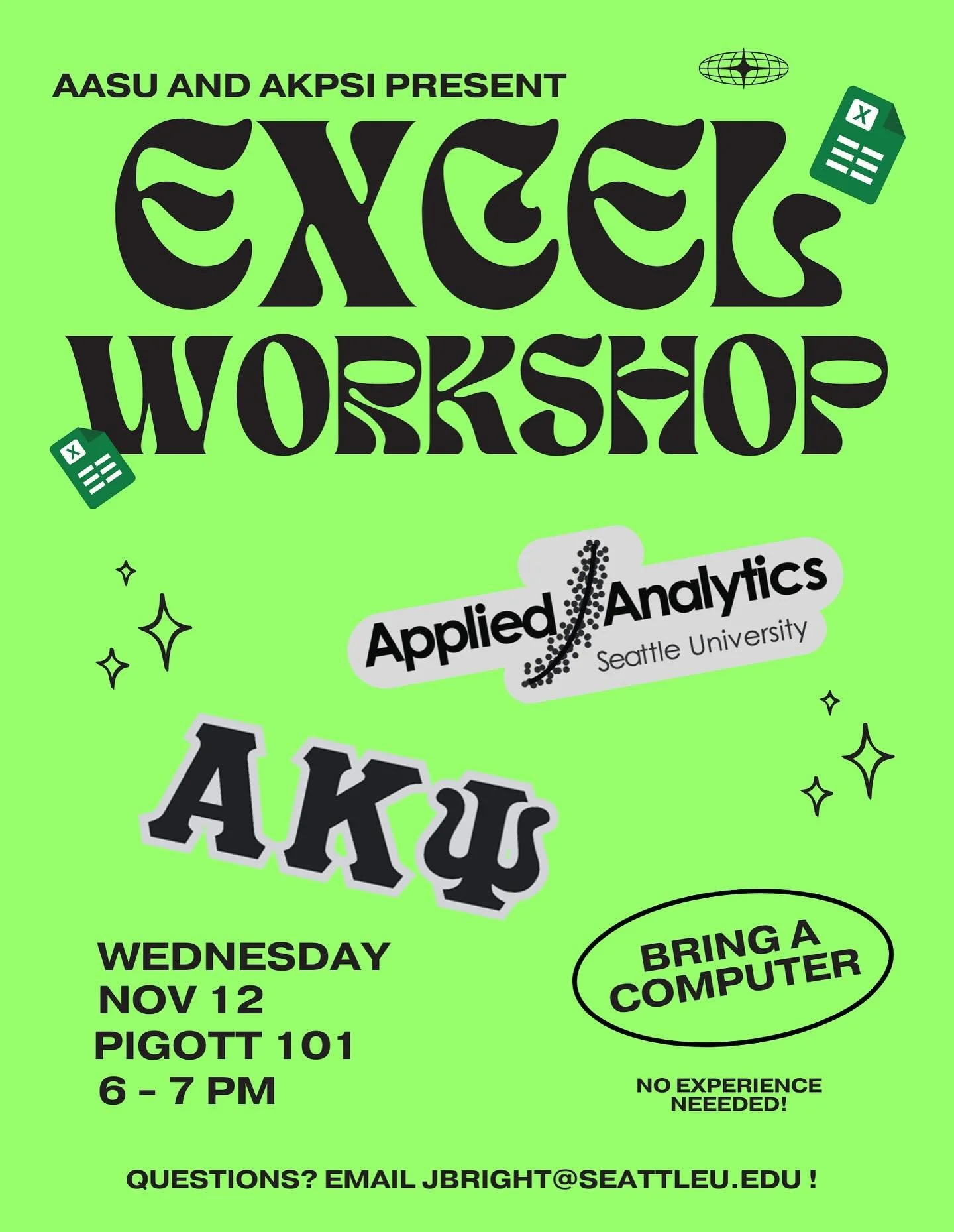 we want you to EXCEL AT EXCEL!! 📊

@seattleuakpsi &amp; @appliedanalyticssu present our first ever collab workshop! come sharpen your excel skills and prep for that excel exam&hellip; 

date: Wednesday, November 12
time: 6-7 PM
location: Pigott 101
