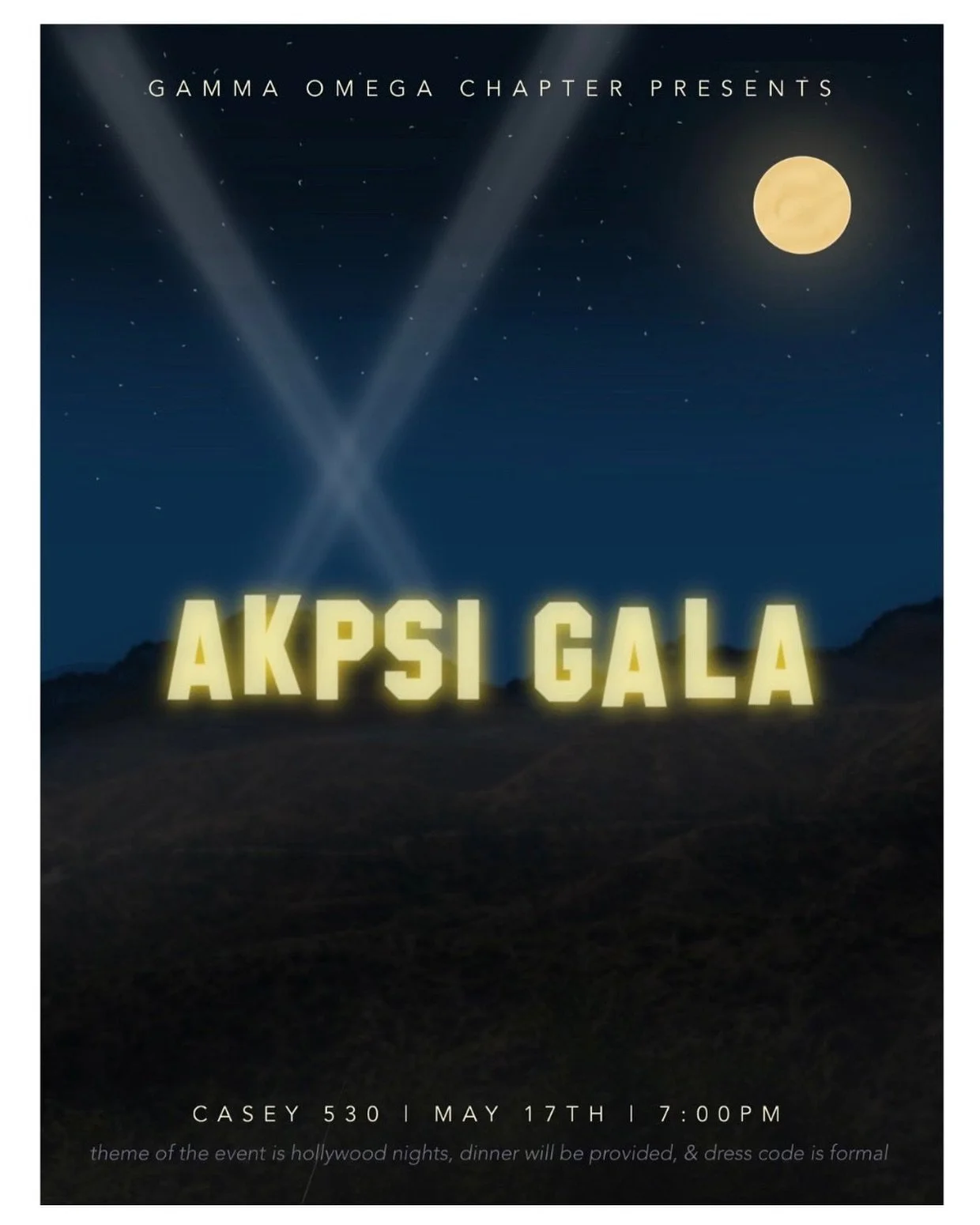 AKPsi Gala 2025: Hollywood Nights
 Lights, camera, gala! Dress to impress and get ready for a night of celebration, superlatives, and unforgettable memories with your brothers 
.
.
.
☆ Join us on Saturday, May 17th from 7&ndash;9 PM in Casey 530 (Cas