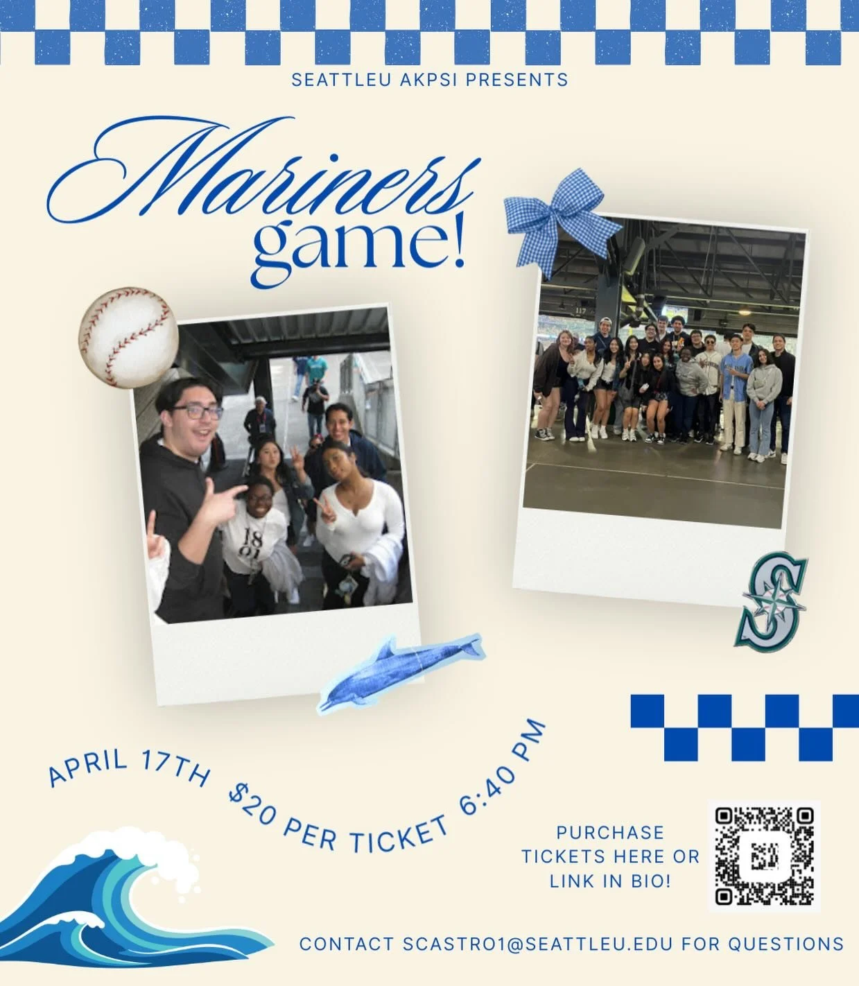 AKPSI PRESENTS: MARINERS COLLEGE NIGHT GAME!⚾️🧢⭐️

join us on April 17th at 6:40 PM for a fun mariners night out! 🌊 anyone is welcome, you don&rsquo;t have to be a part of akpsi to join!

PURCHASE TICKETS THRU LINK IN BIO! 

our ticket prices are o