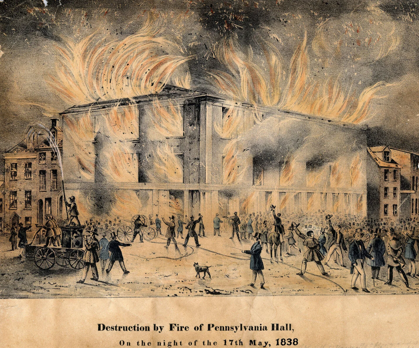 This image is a recreation of the burning of Pennsylvania Hall after an anti-abolitionist mob set it on fire. (1838)