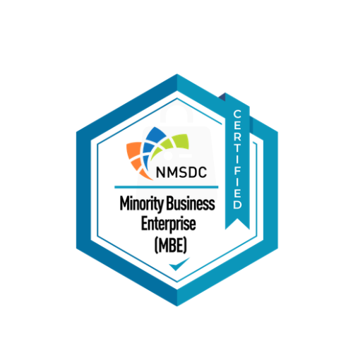 Certificate badge for Minority Business Enterprise (MBE) from NMSDC featuring a multicolored logo and blue geometric border.