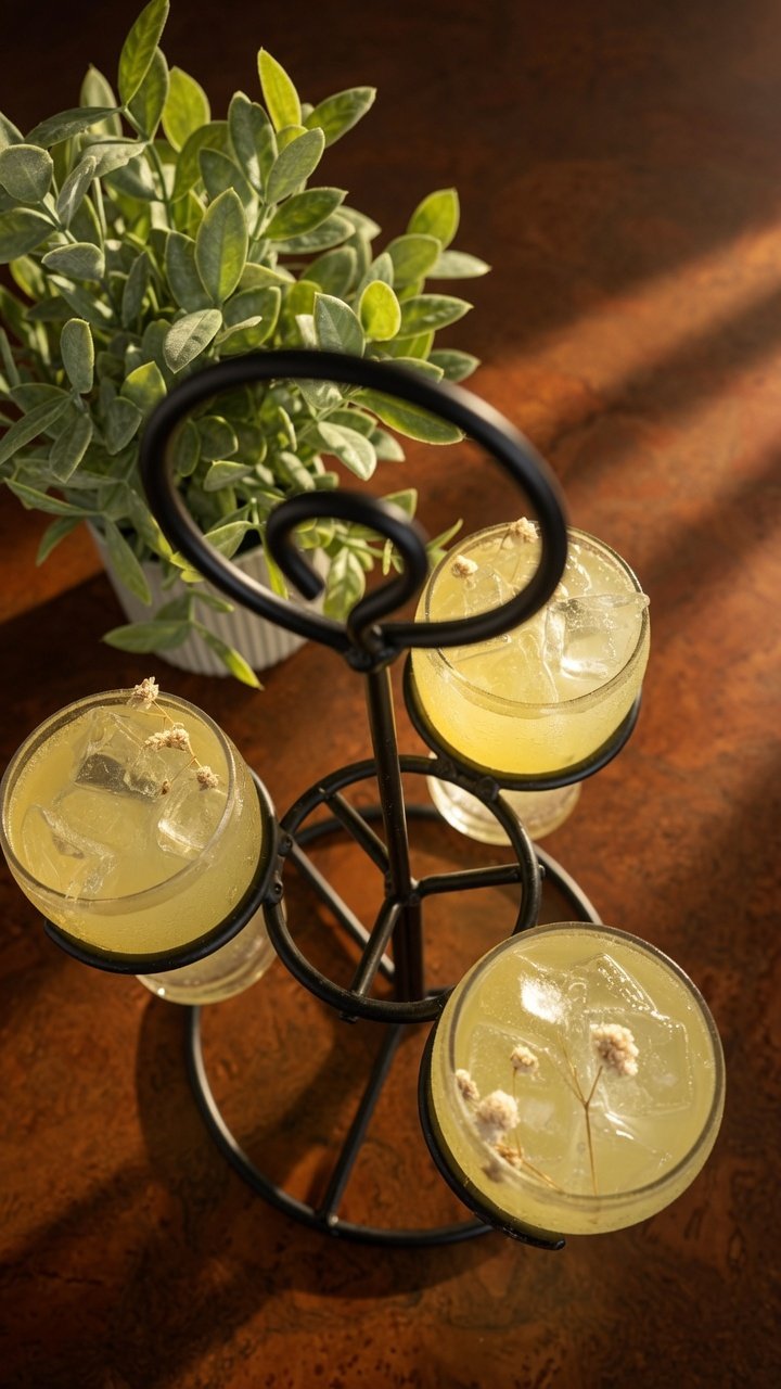 Four glasses of yellow drink with ice and dried flowers, placed on a black metal stand next to a potted green plant on a wooden surface.