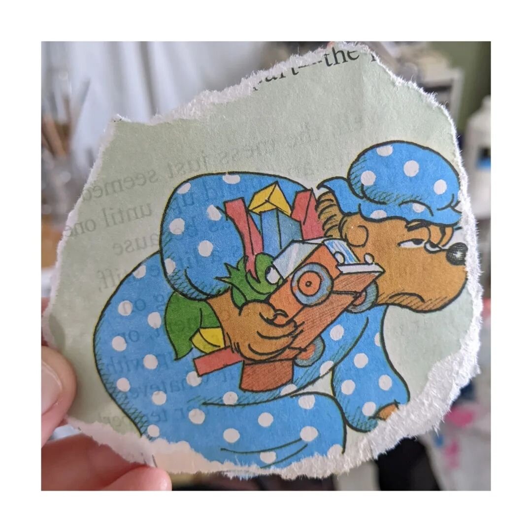 Today on the bl&ouml;g! A peek into my process. 
The work is the work is the work.
L!NK in the place where they go 😘
.
[ID 1: white skinned fingers hold a torn illustration from a Berenstain Bears children's book, depicting an exhausted Mama Bear be